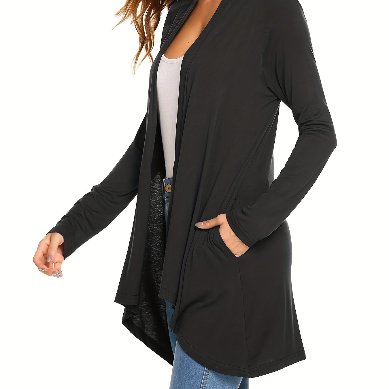 Sixsr Solid Open Front Drape Cardigan, Casual Long Sleeve Pocket Cardigan For Spring & Fall, Women's Clothing