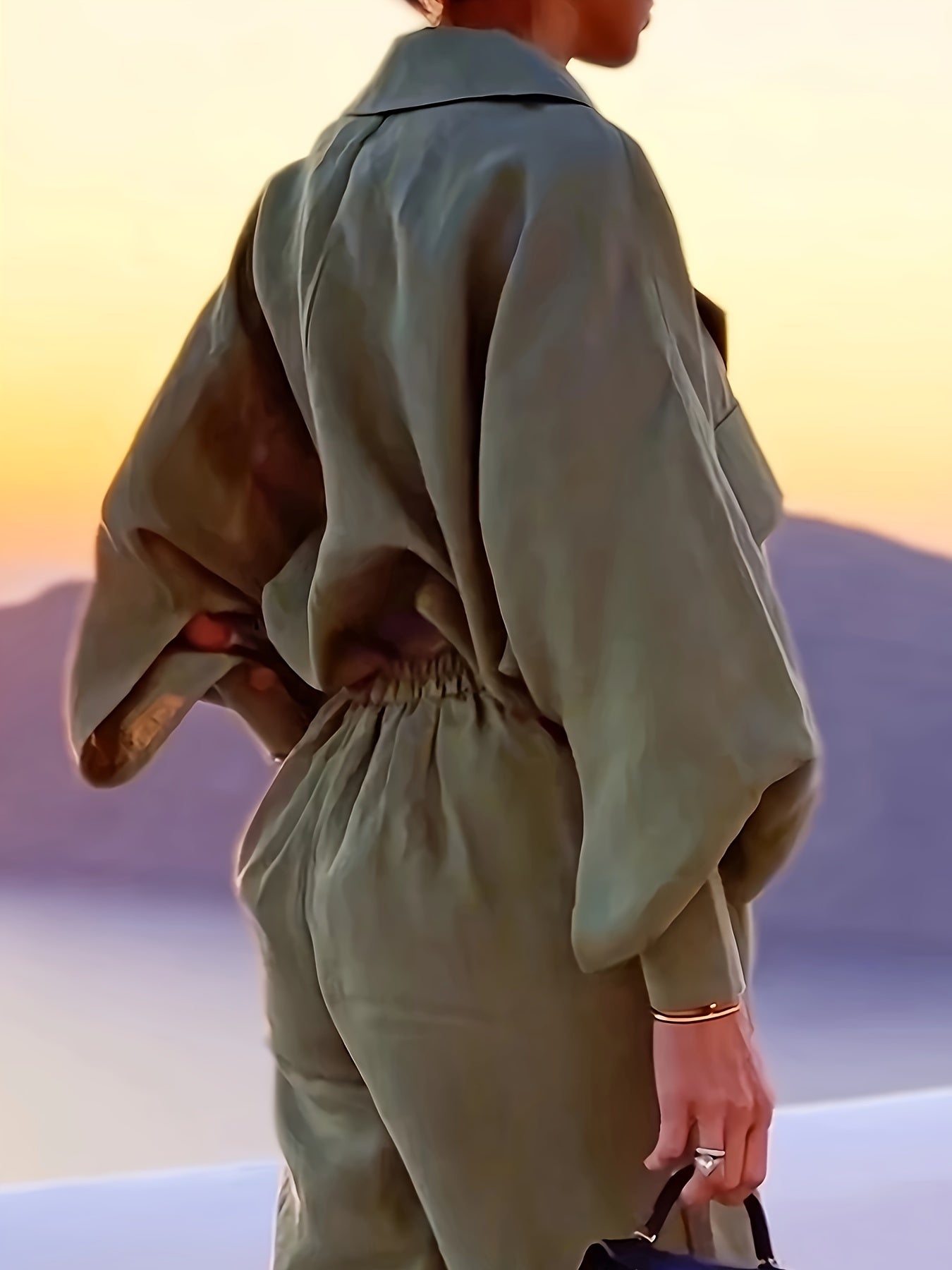 Sixsr Casual Solid Two-piece Set, Lapel Pocket Long Sleeve Top & Elastic Waist Back Pants Outfits, Women's Clothing