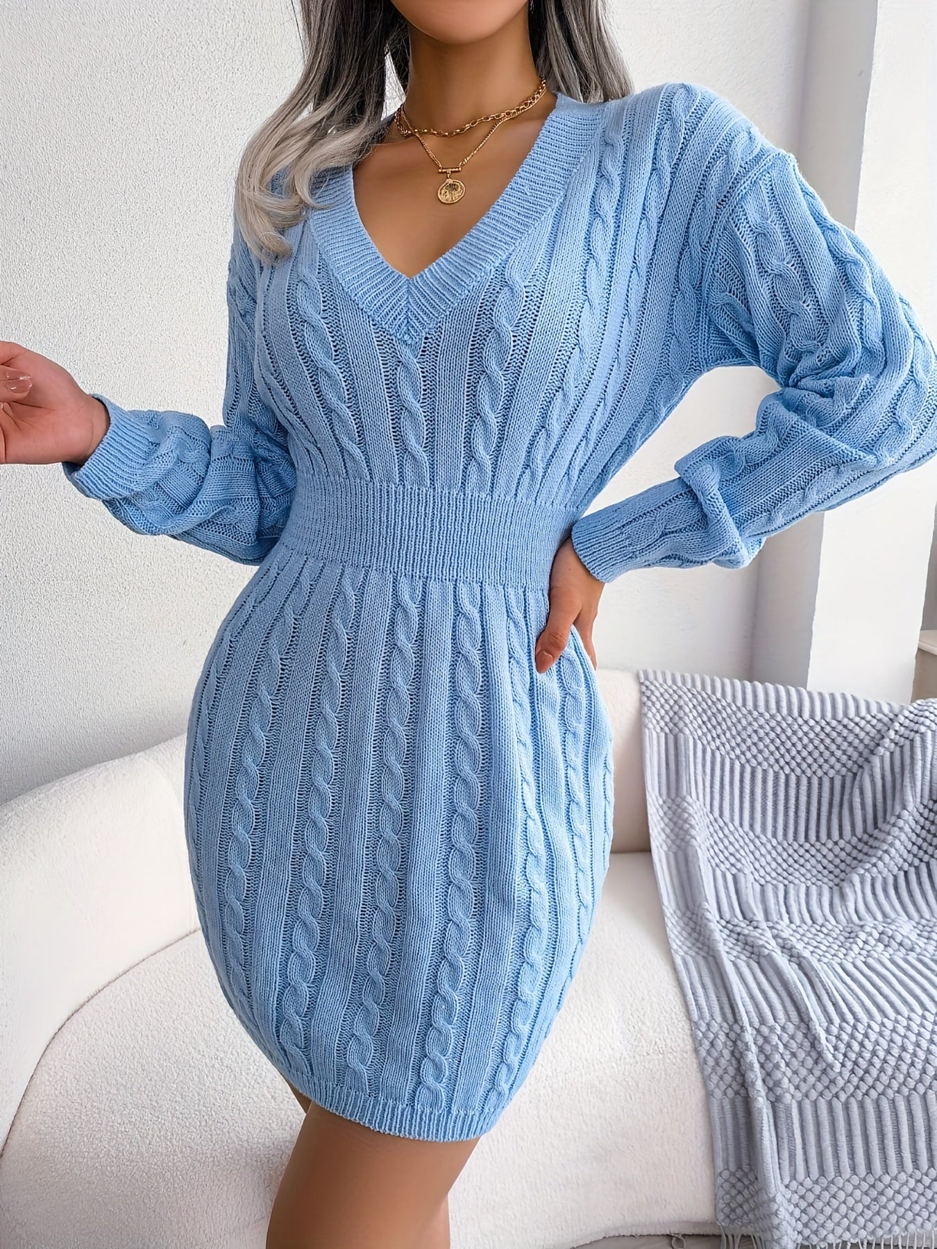 Sixsr Cable Knit Sweater Dress, Casual V Neck Long Sleeve Bag Hip Dress, Women's Clothing