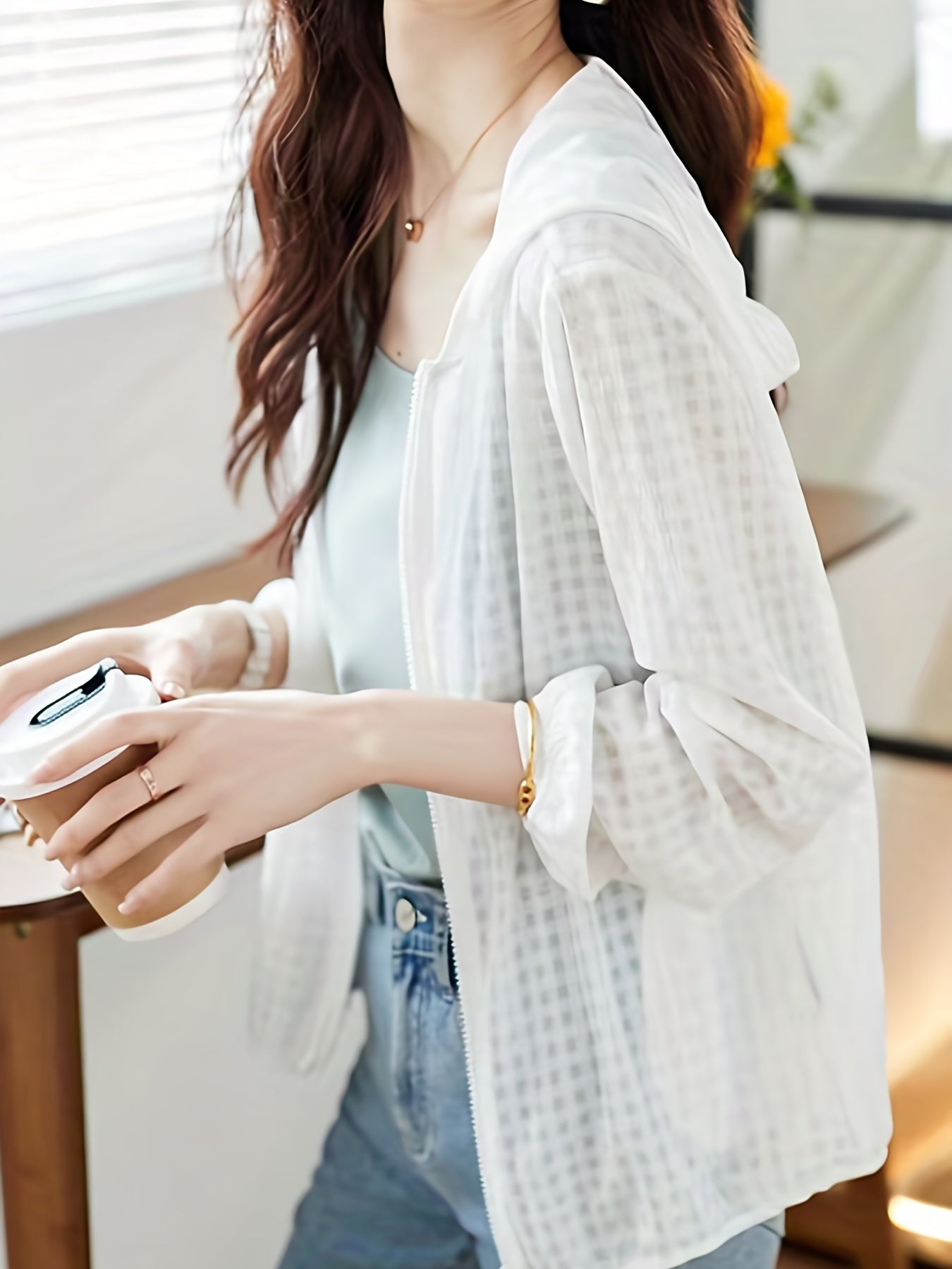 Plaid Print Open Front Top, Versatile Zip Long Sleeve Coat For Spring & Summer, Women's Clothing