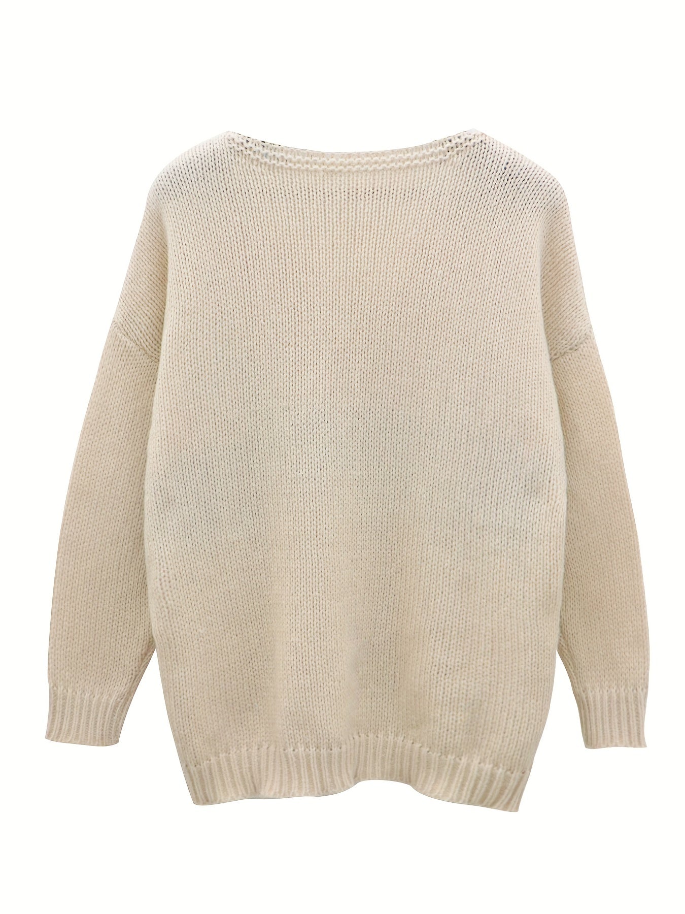 Sixsr Plus Size Casual Sweater, Women's Plus Letter Print Long Sleeve V Neck Medium Stretch Loose Sweater
