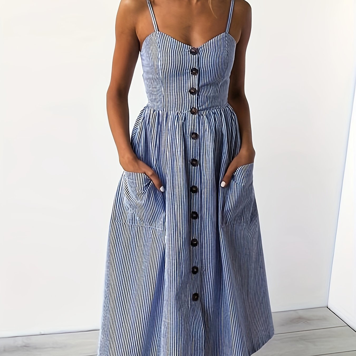 Sixsr Pocket Striped Cami Dress, Sexy Backless Casual Dress For Summer & Spring, Women's Clothing