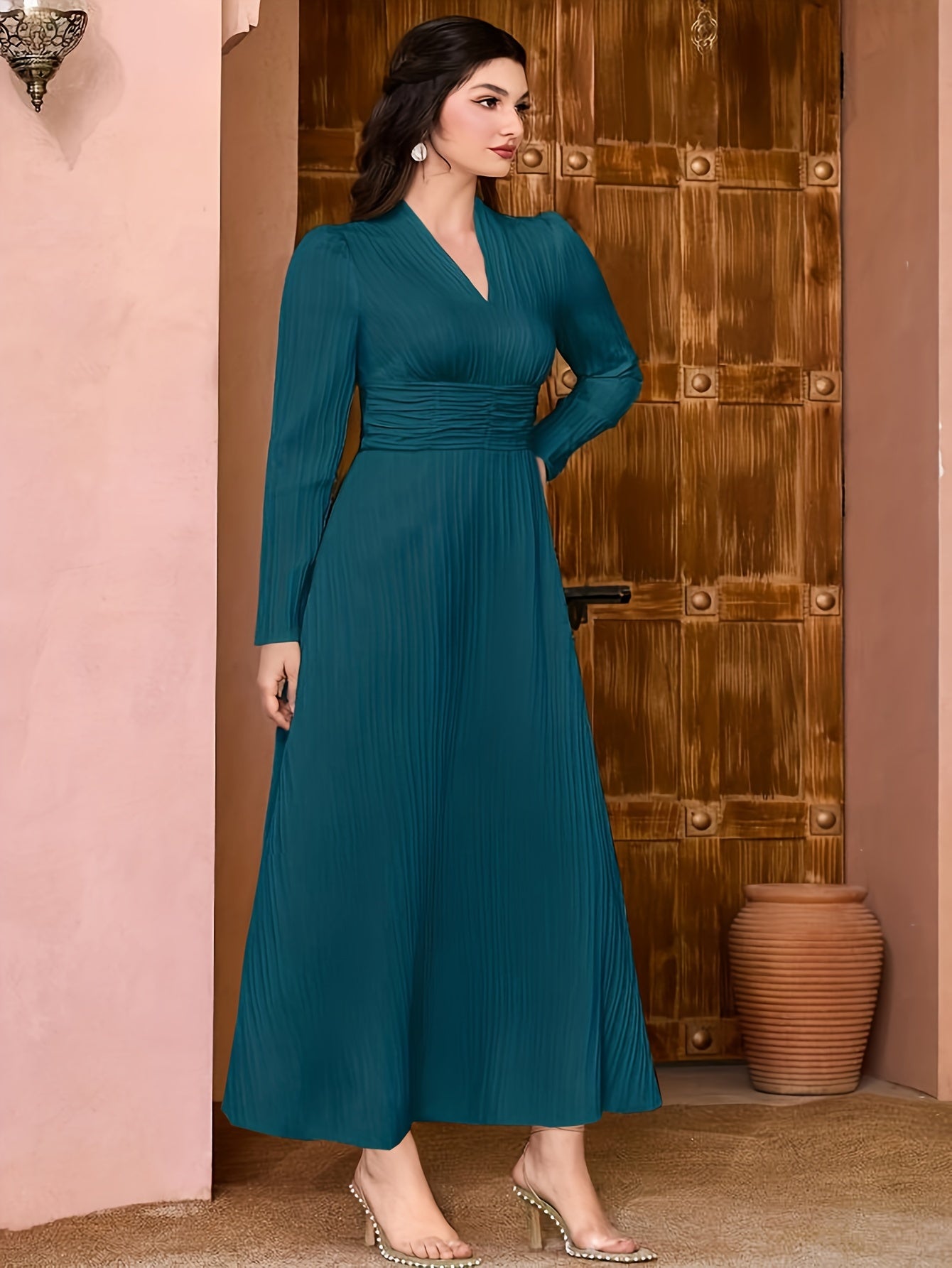 Sixsr Solid V Neck Dress, Elegant Long Sleeve Shirred Waist Dress, Women's Clothing