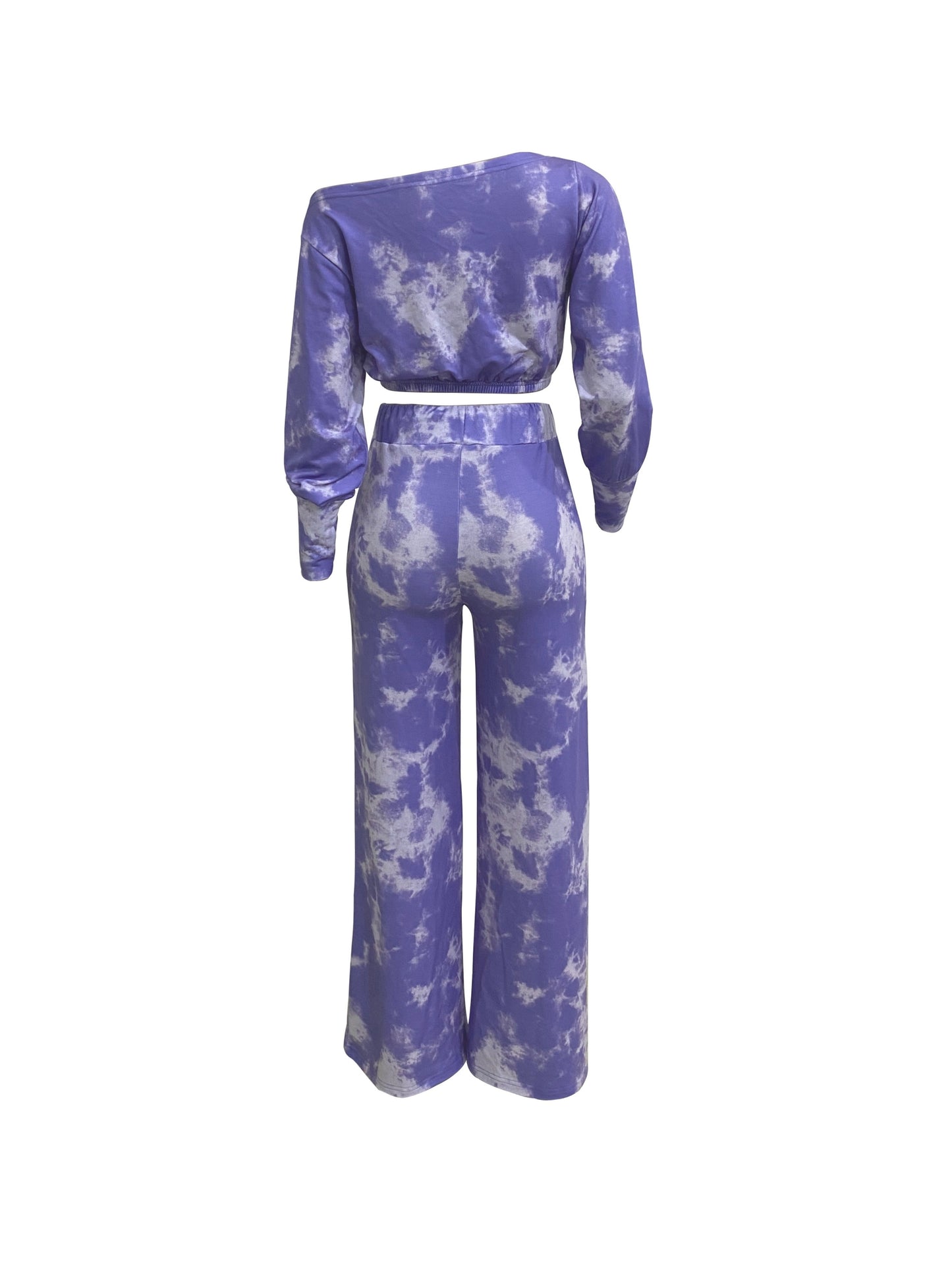 Sixsr Tie Dye Two-piece Set, Asymmetrical Neck Long Sleeve Crop Top & Drawstring Wide Leg Pants Outfits, Women's Clothing