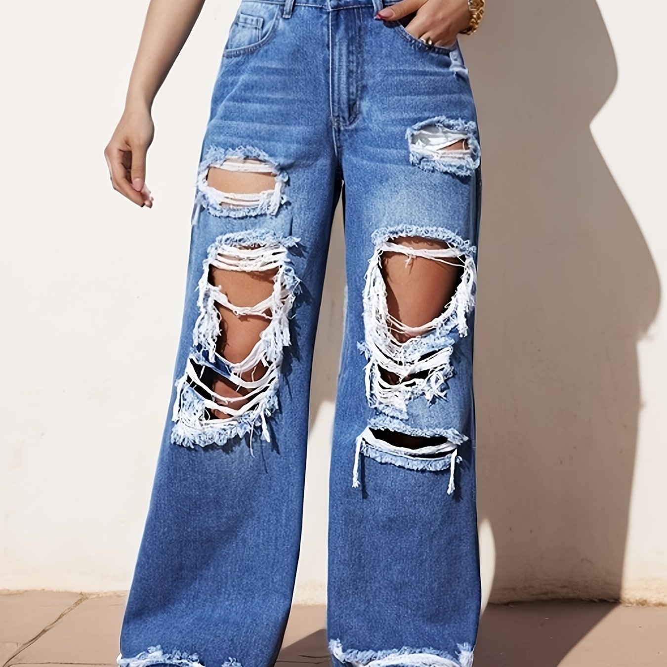 Sixsr  Ripped Straight Leg Loose Fit Jeans, High Rise Wide Legs Distressed Denim Pants, Women's Denim Jeans & Clothing