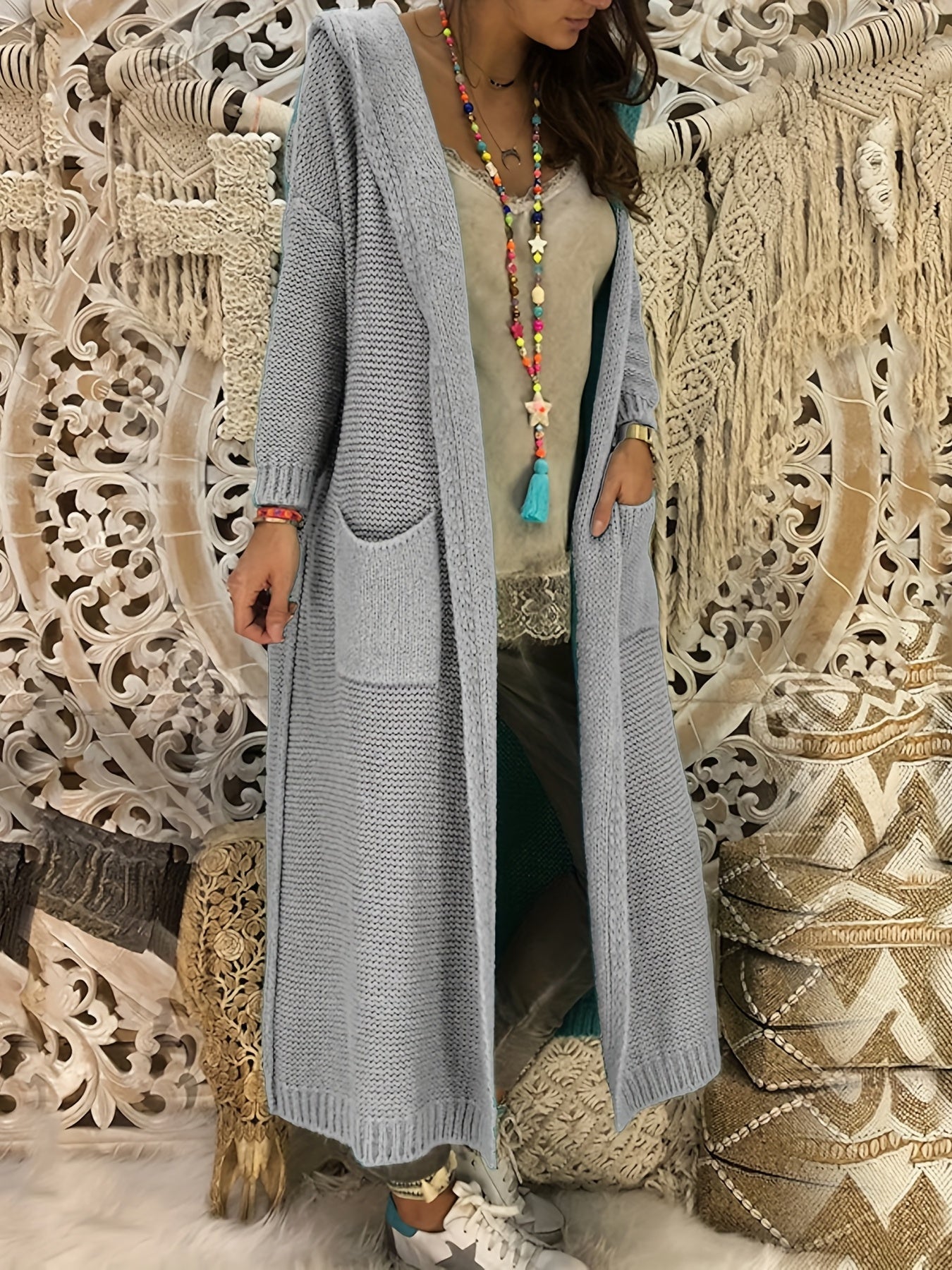 Sixsr Solid Open Front Hooded Knit Cardigan, Casual Long Sleeve Long Length Sweater With Pocket, Women's Clothing