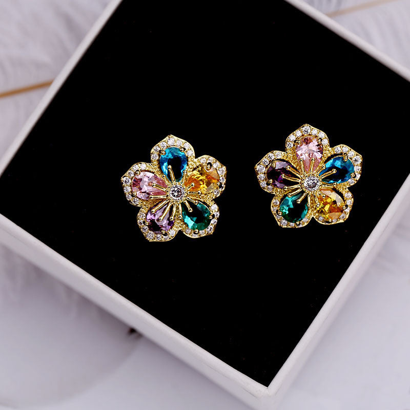 2025 Korean fashion temperament earrings fringed personalized color zircon earrings S925 silver needle three-dimensional flower stud earrings women