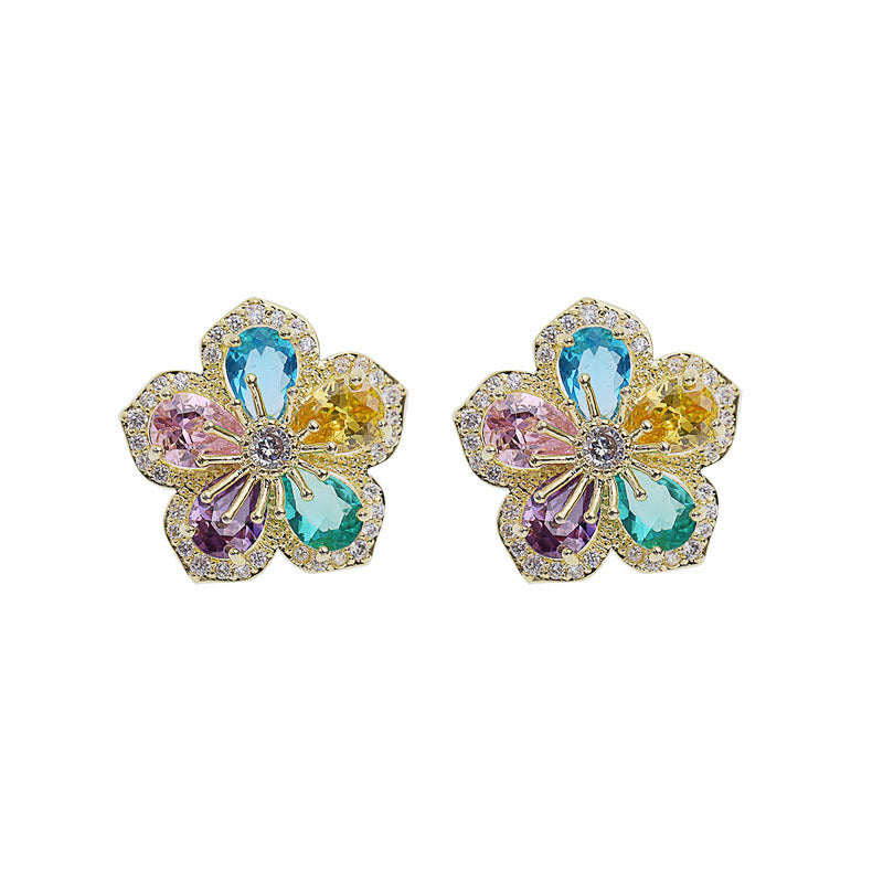 2025 Korean fashion temperament earrings fringed personalized color zircon earrings S925 silver needle three-dimensional flower stud earrings women