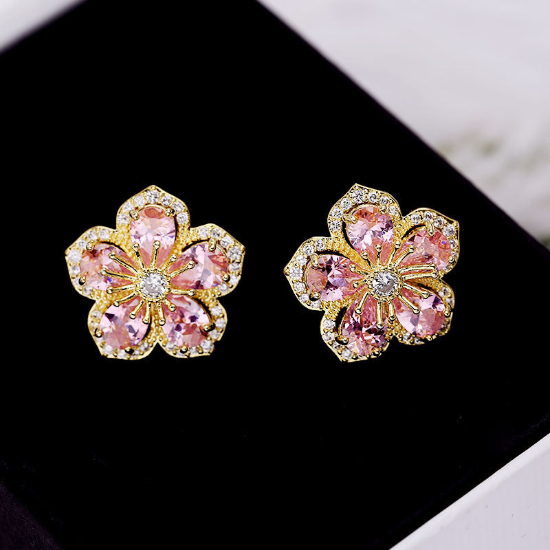 2025 Korean fashion temperament earrings fringed personalized color zircon earrings S925 silver needle three-dimensional flower stud earrings women