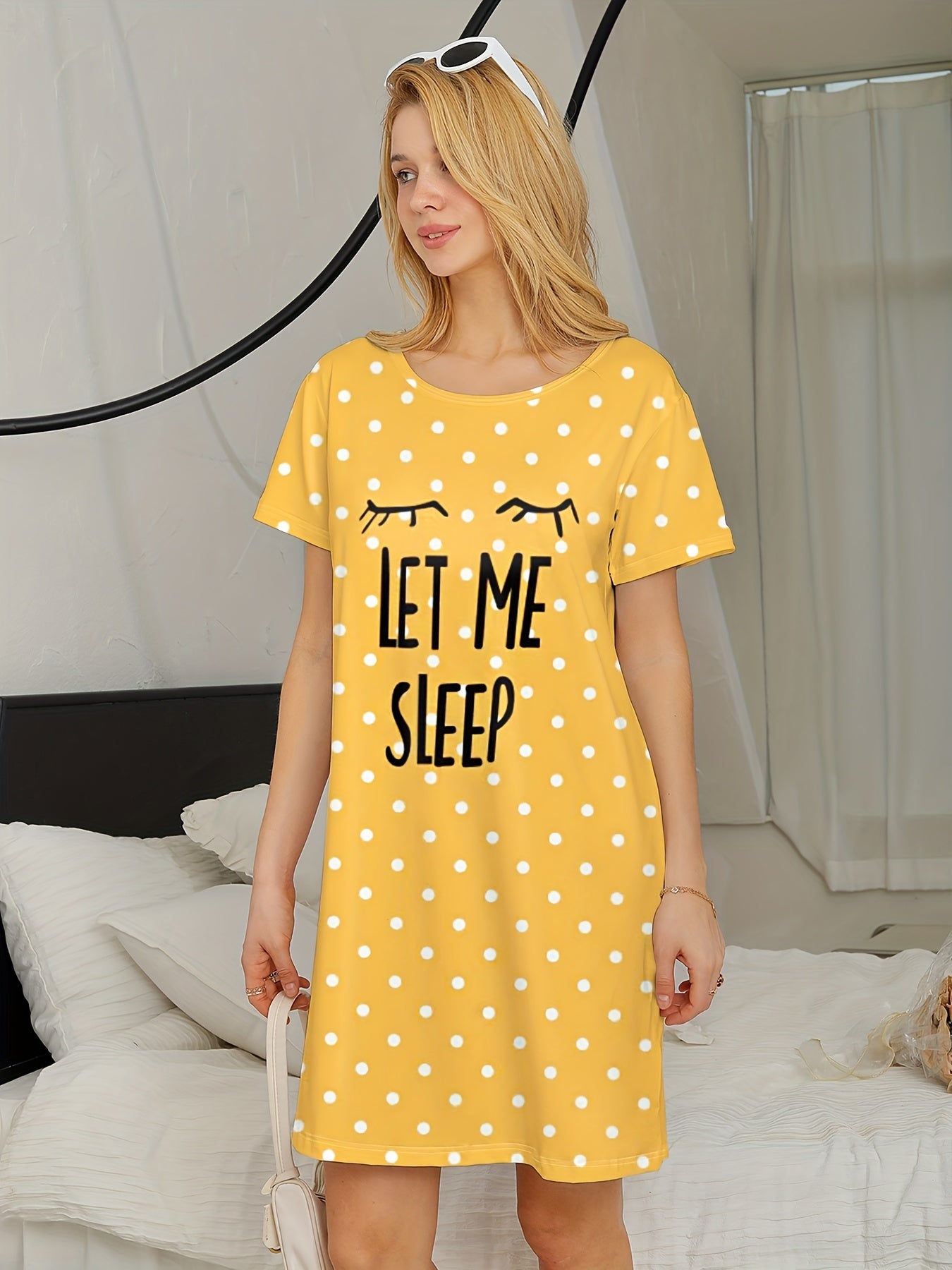 Sixsr Letter Print Polka Dot NightDress, Short Sleeve Crew Neck Pajama Dress, Women's Sleepwear & Dresses