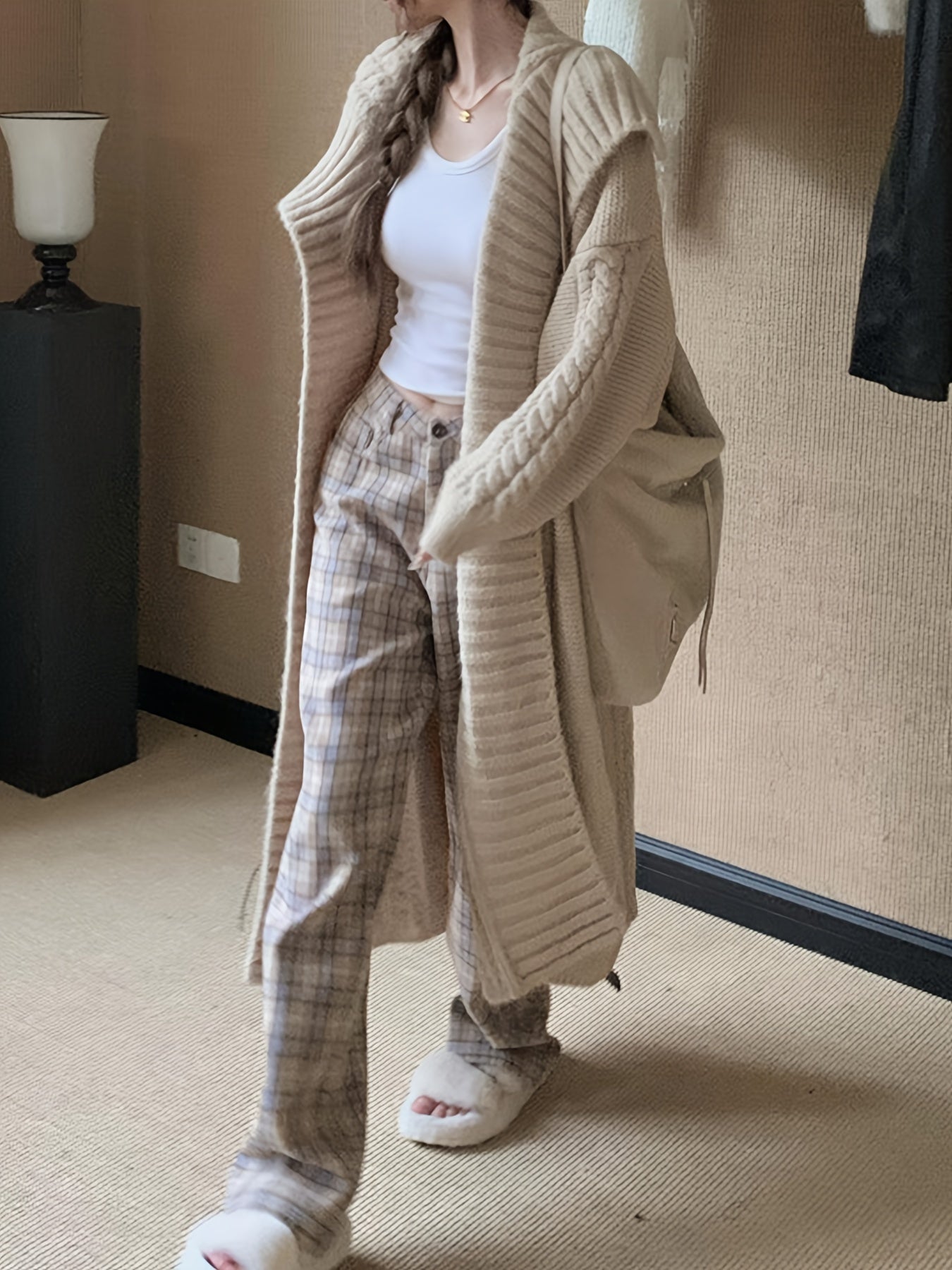 Sixsr Solid Open Front Collared Knit Cardigan, Elegant Long Sleeve Long Length Sweater Coat, Women's Clothing