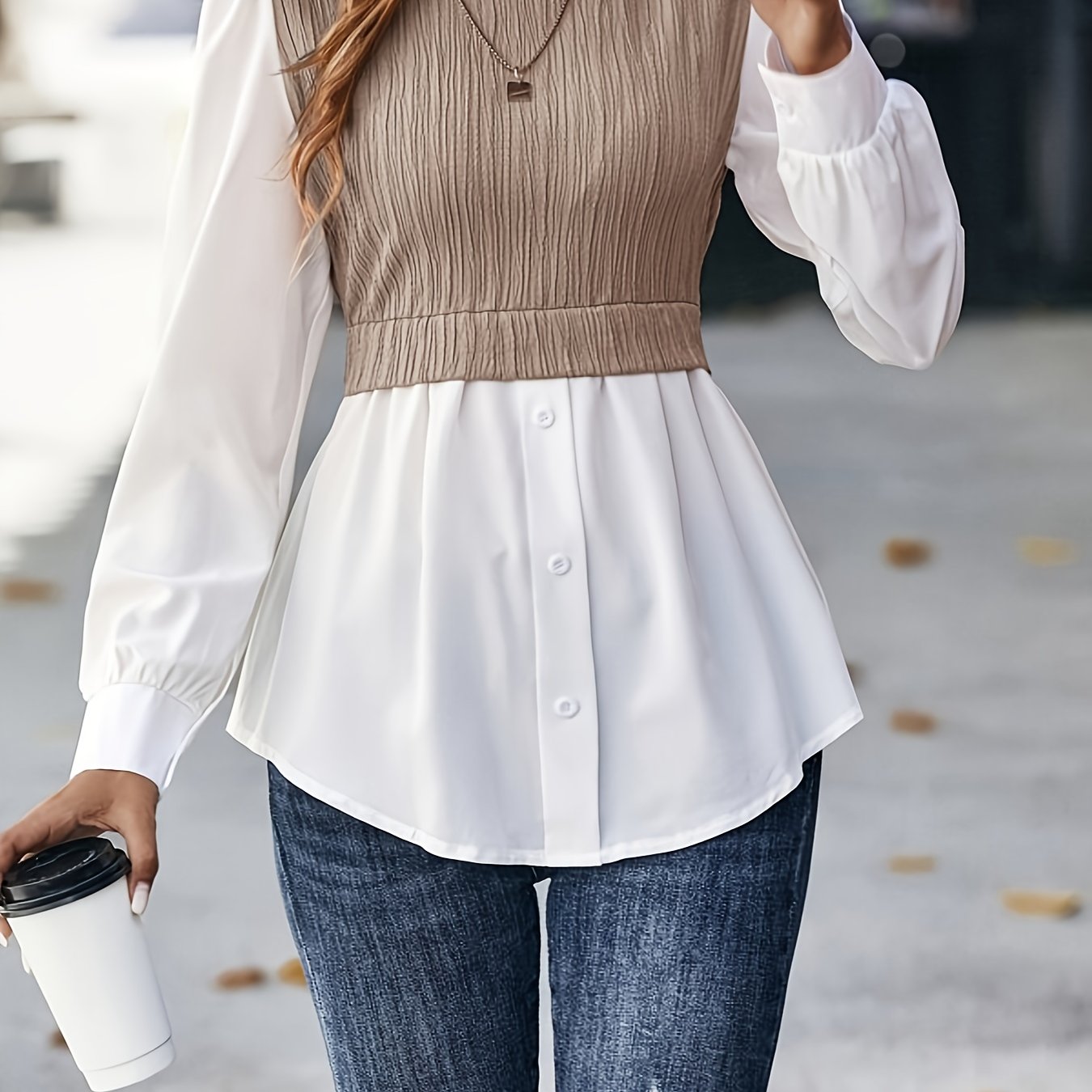 Sixsr Color Block Stitching Blouse, Elegant Crew Neck Long Sleeve Blouse, Women's Clothing