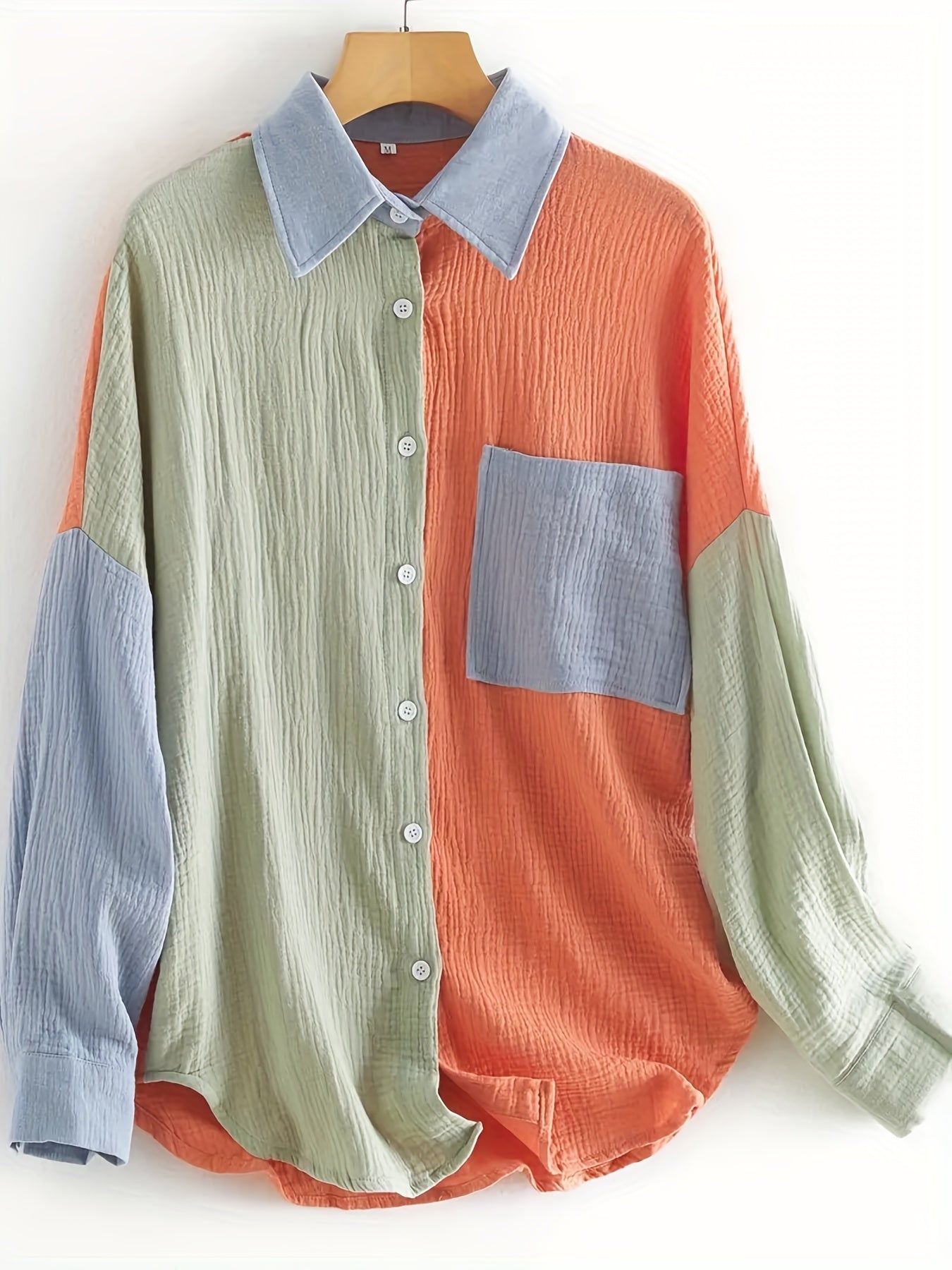 Sixsr Plus Size Casual Blouse, Women's Plus Colorblock Cinkle Butoon Up Long Sleeve Turn Down Collar Blouse
