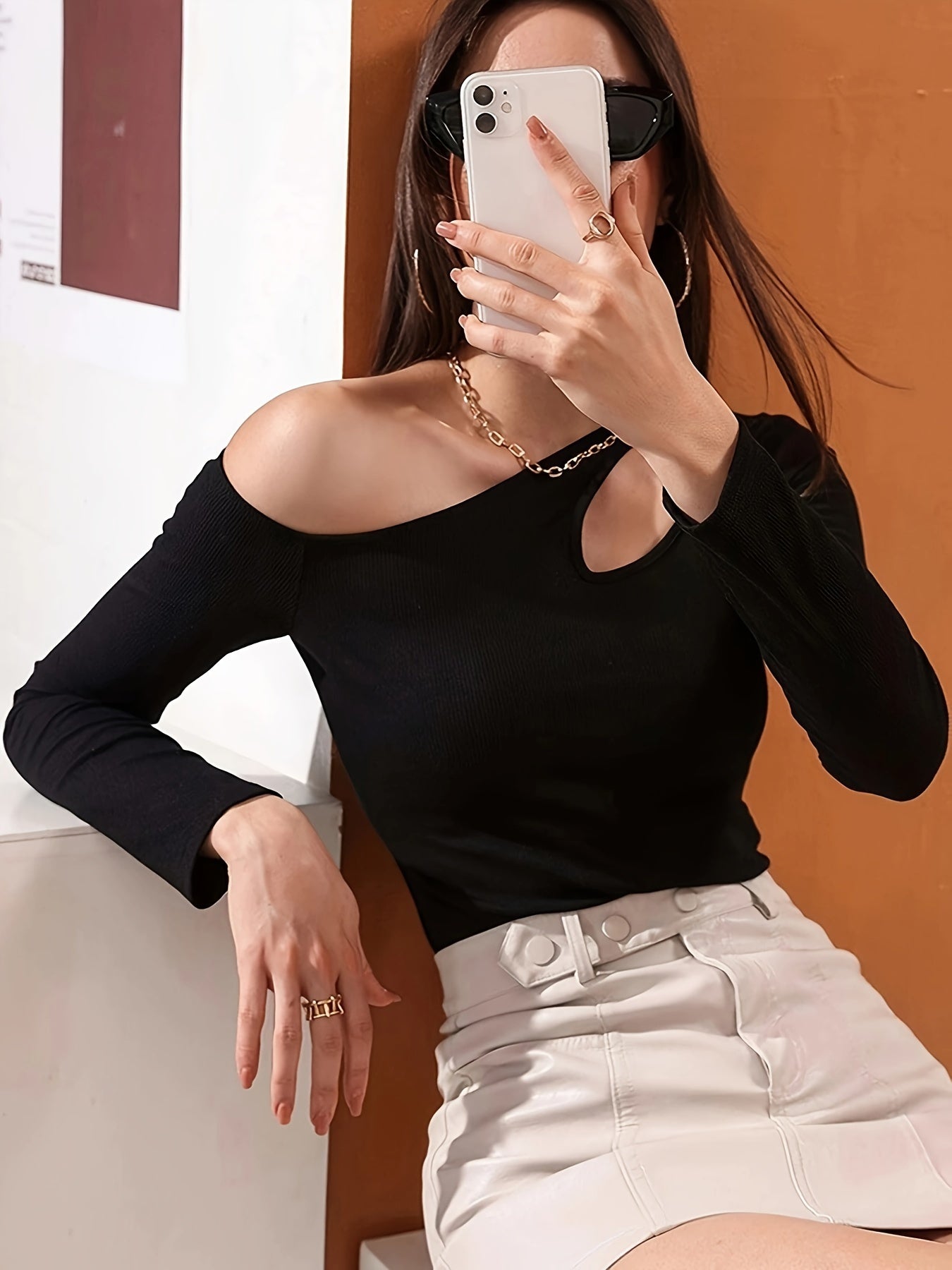 Sixsr Cutout Solid Cold Shoulder T-Shirt, Casual Long Sleeve Top For Spring & Fall, Women's Clothing