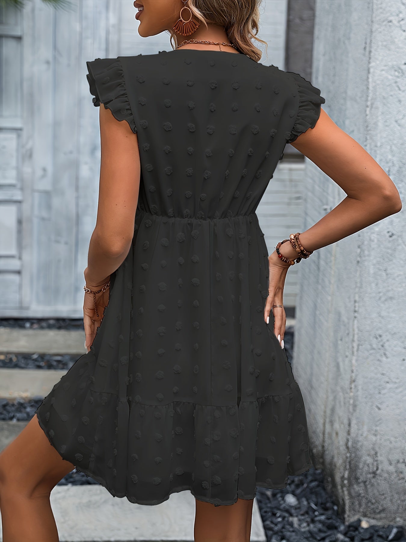 Sixsr Swiss Dot Ruffle Hem Dress, Elegant V Neck Dress For Spring & Summer, Women's Clothing