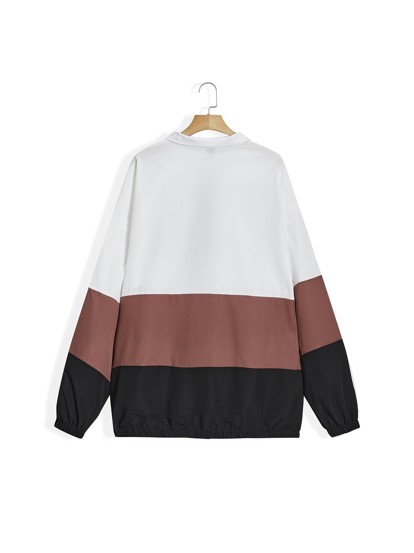 Sixsr Plus Size Colorblock Zipper Front Lapel Jacket, Women's Plus Casual Long Sleeve Fall Jacket