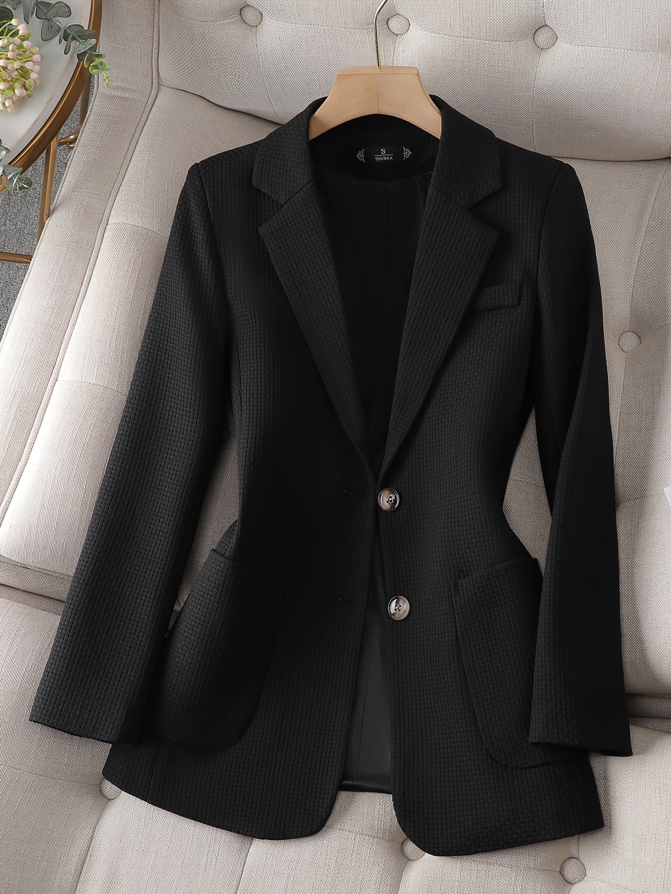 Sixsr Solid Button Front Tunic Blazer, Elegant Lapel Long Notched Neck Sleeve Blazer For Office & Work, Women's Clothing