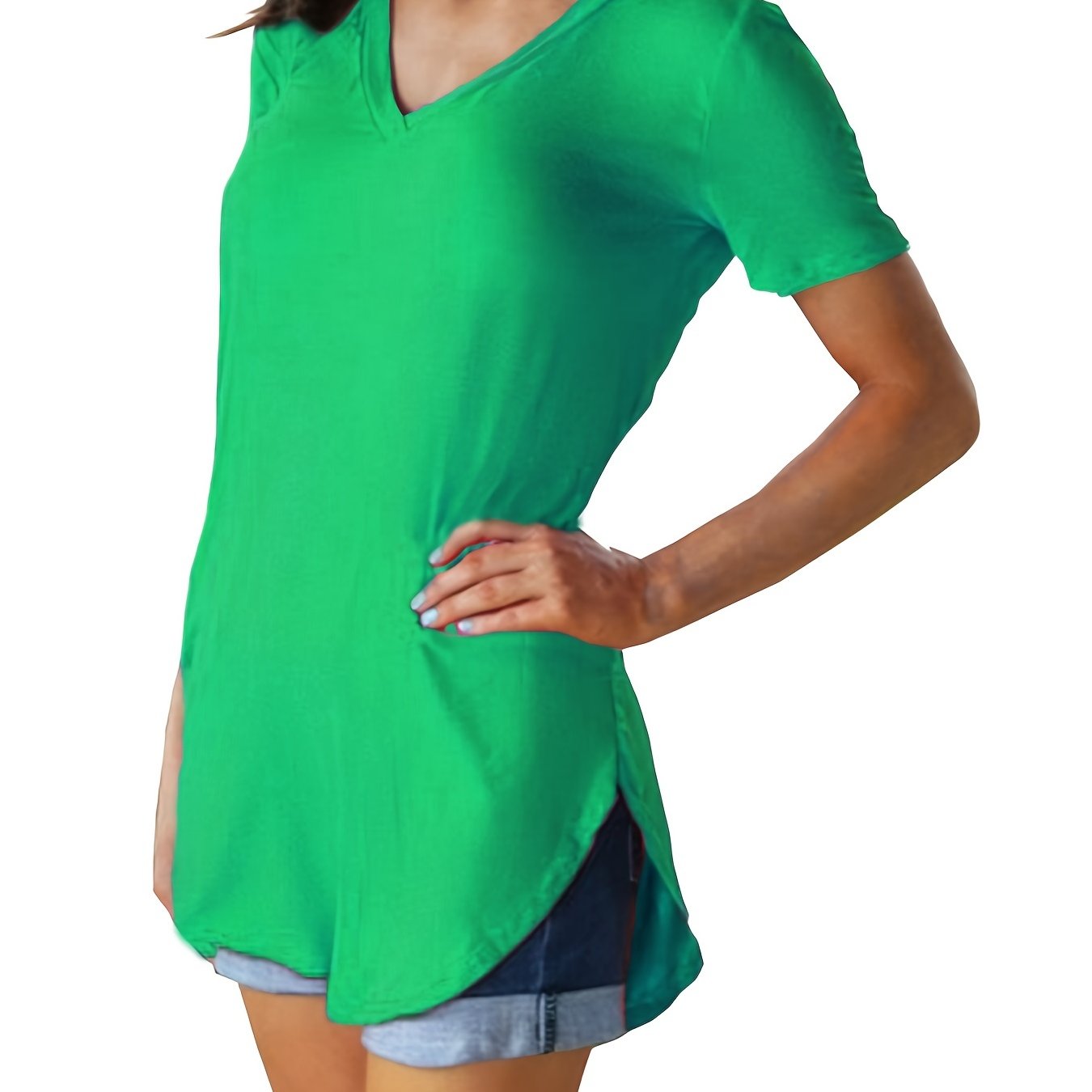 Sixsr Hem Arc Spilt Hem T-shirt, Casual V Neck Short Sleeve Summer T-shirt, Women's Clothing