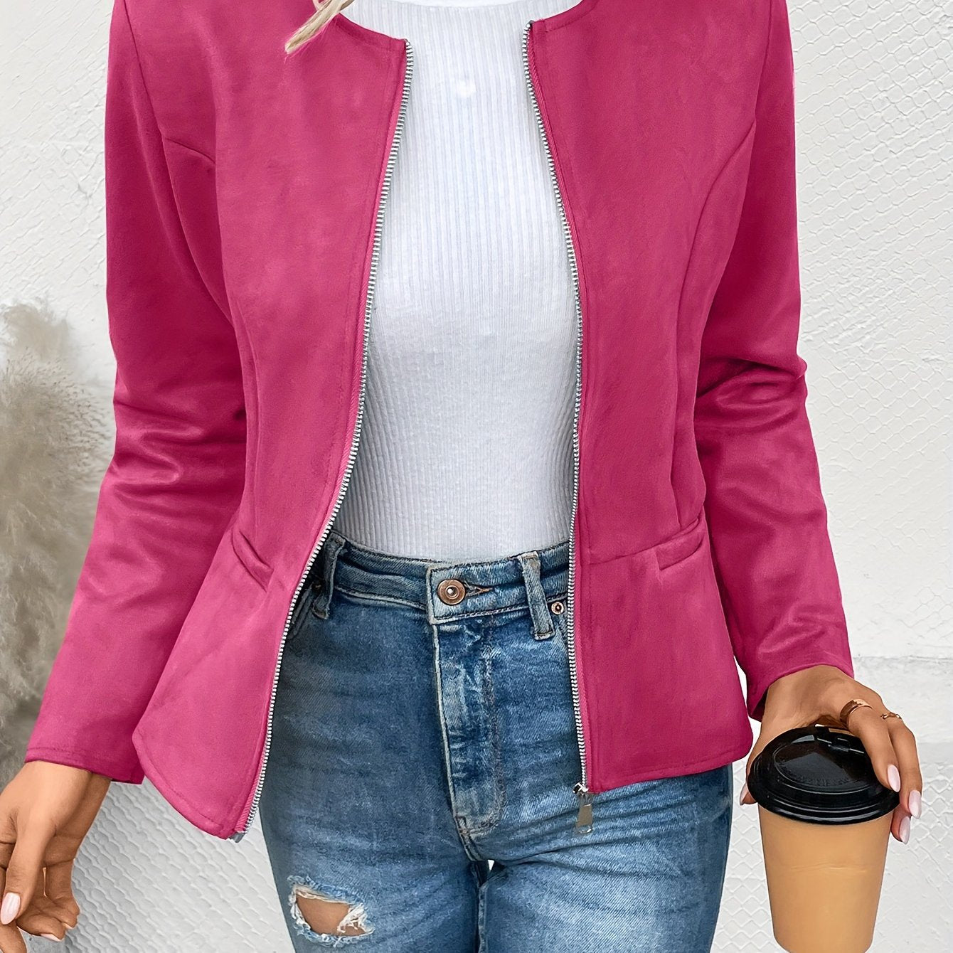 Sixsr Solid Zip Up Jacket, Casual Long Sleeve Crew Neck Outerwear For Spring & Fall, Women's Clothing