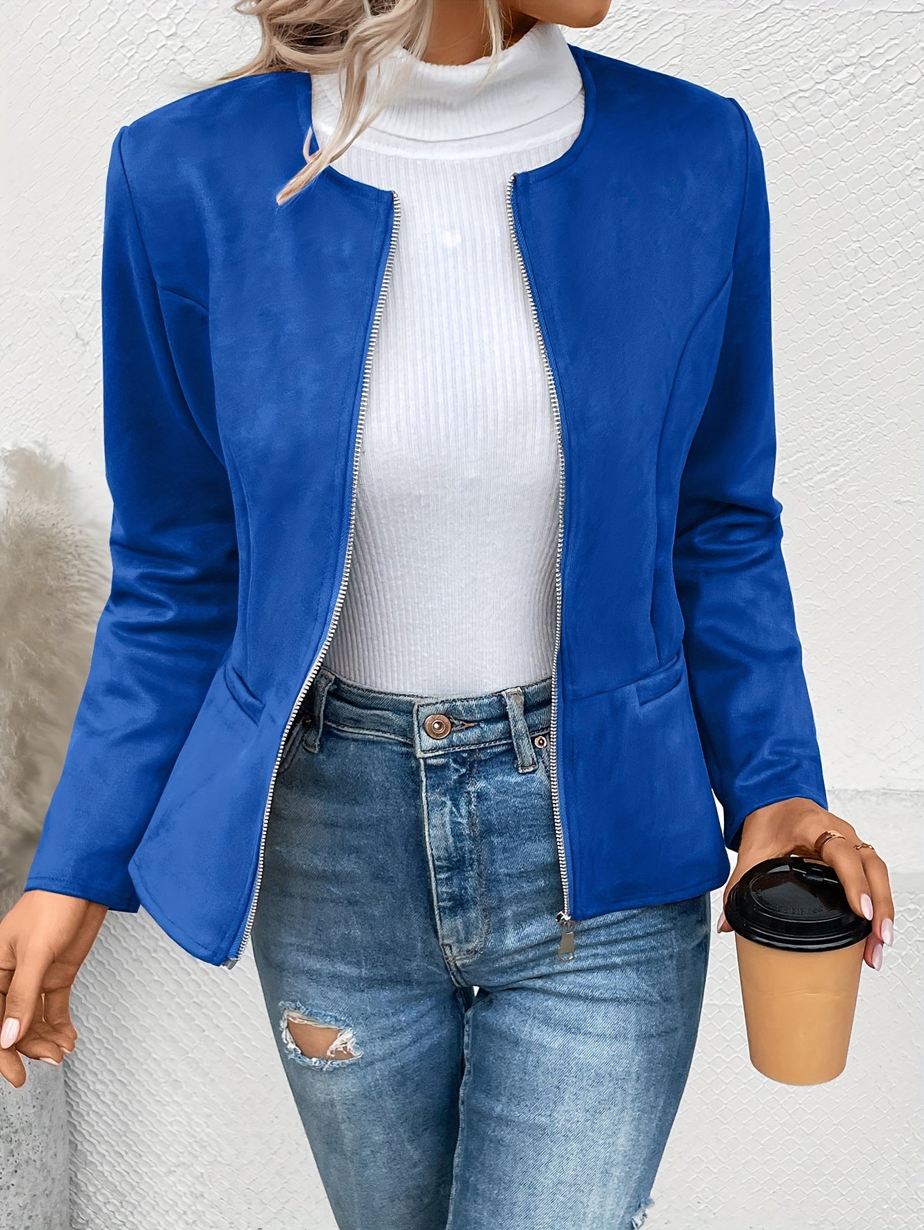 Sixsr Solid Zip Up Jacket, Casual Long Sleeve Crew Neck Outerwear For Spring & Fall, Women's Clothing