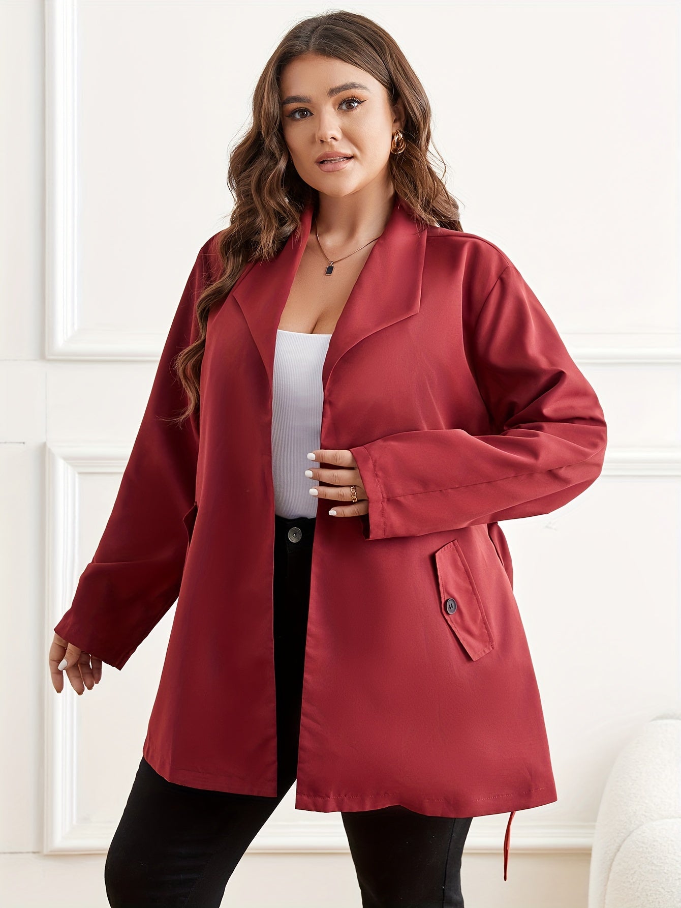 Sixsr Plus Size Casual Coat, Women's Plus Solid Long Sleeve Open Front Lapel Collar Loose Fit Coat With Pockets
