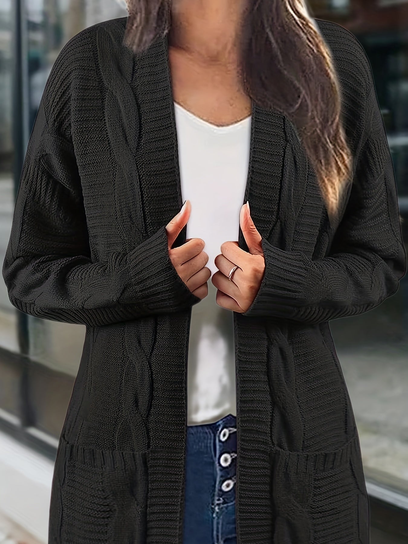 Sixsr Solid Cable Knit Cardigan, Casual Open Front Long Sleeve Sweater, Women's Clothing