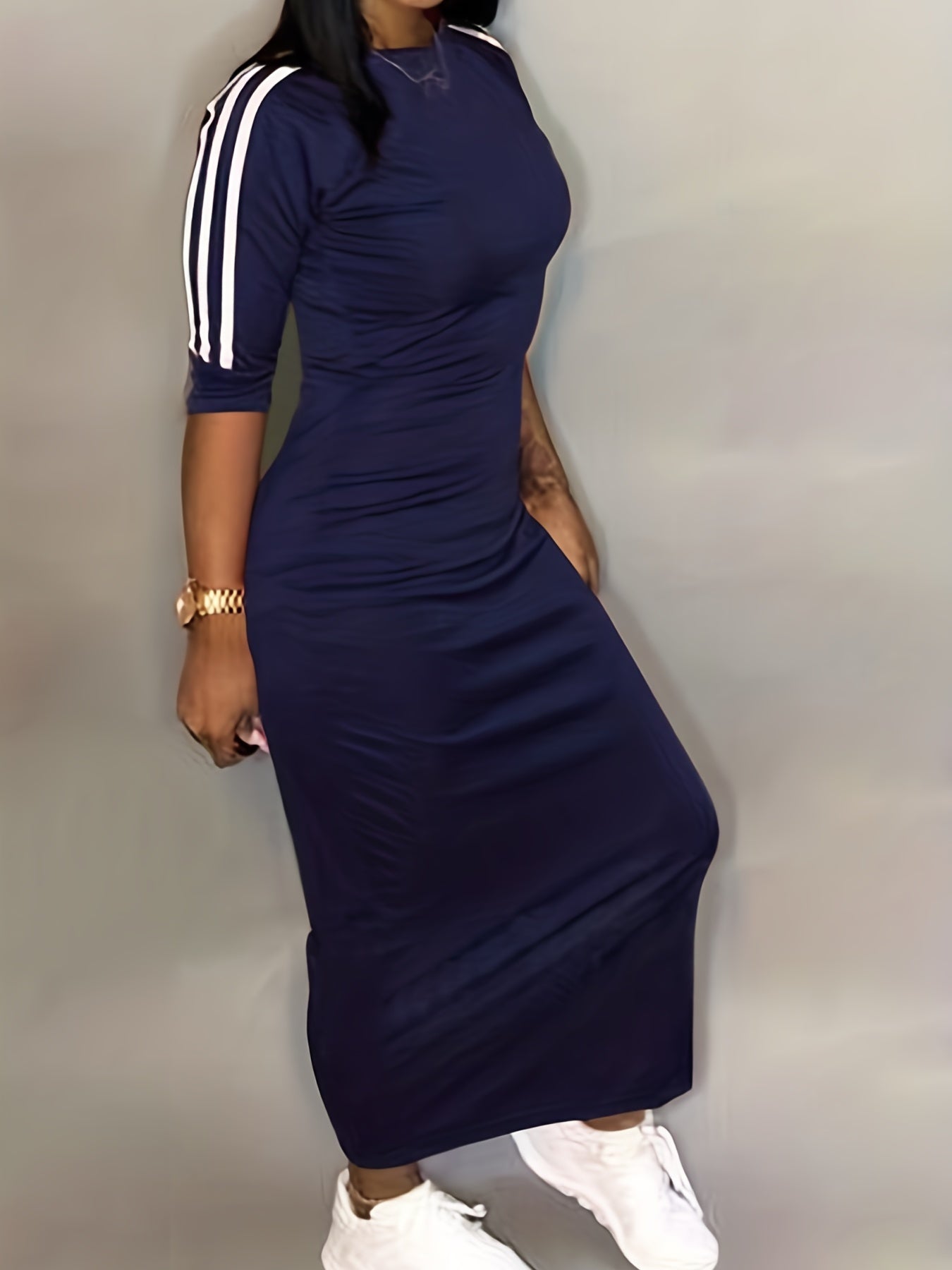 Sixsr Striped Print Maxi Dress, Casual Crew Neck Dress For Spring & Summer, Women's Clothing
