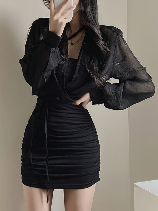 Sixsr Solid Wrap Tie Crop Mesh Blouse, Versatile Long Sleeve Blouse For Spring & Fall, Women's Clothing