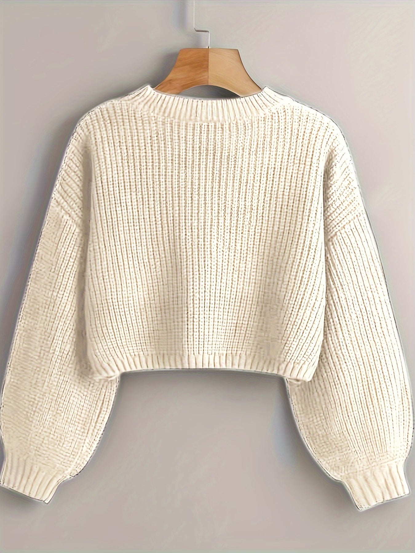Sixsr Solid Crew Neck Crop Sweater, Casual Lantern Sleeve Comfy Pullover Sweater, Women's Clothing