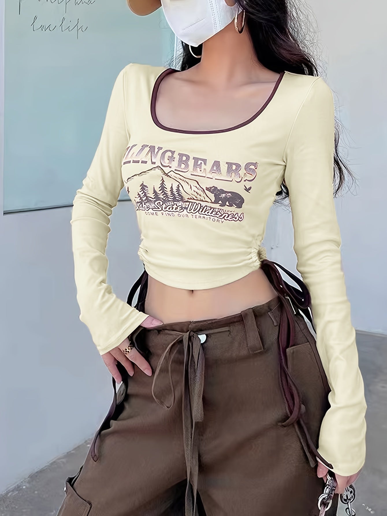 Sixsr Graphic & Letter Print Side Drawstring T-Shirt, Casual Cut Out Color Block Long Sleeve Crop Top, Women's Clothing