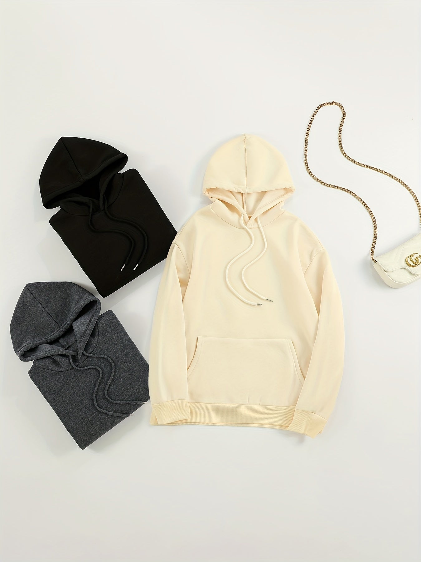Sixsr 3pcs Solid Color Front Pocket Hooded Sweatshirts, Casual Loose Long Sleeve Sports Drawstring Hoodie, Women's Sporty Sweatshirts