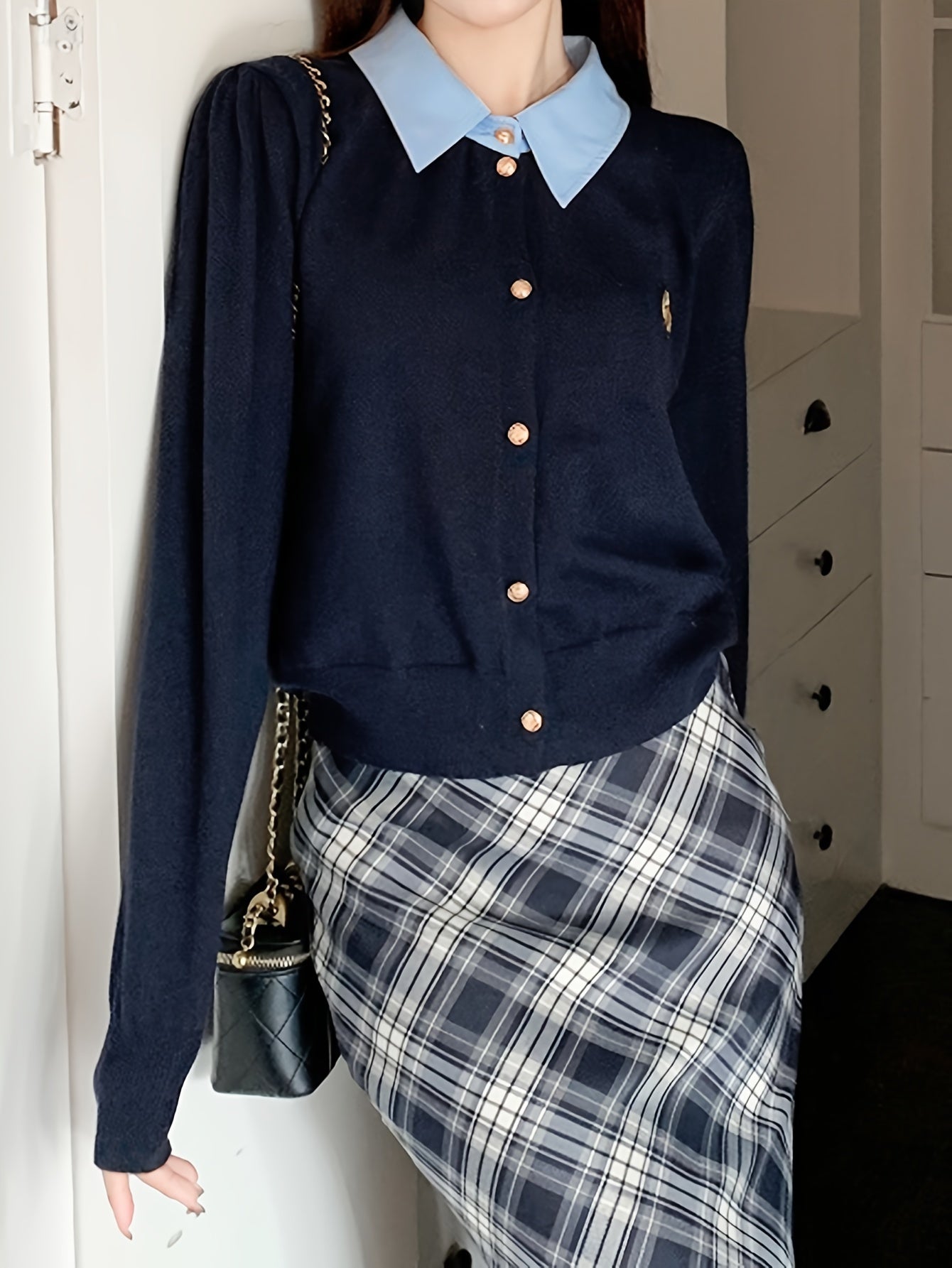 Sixsr Preppy Style Button Down Knit Cardigan, Casual Flat Collar Long Sleeve Sweater, Women's Clothing