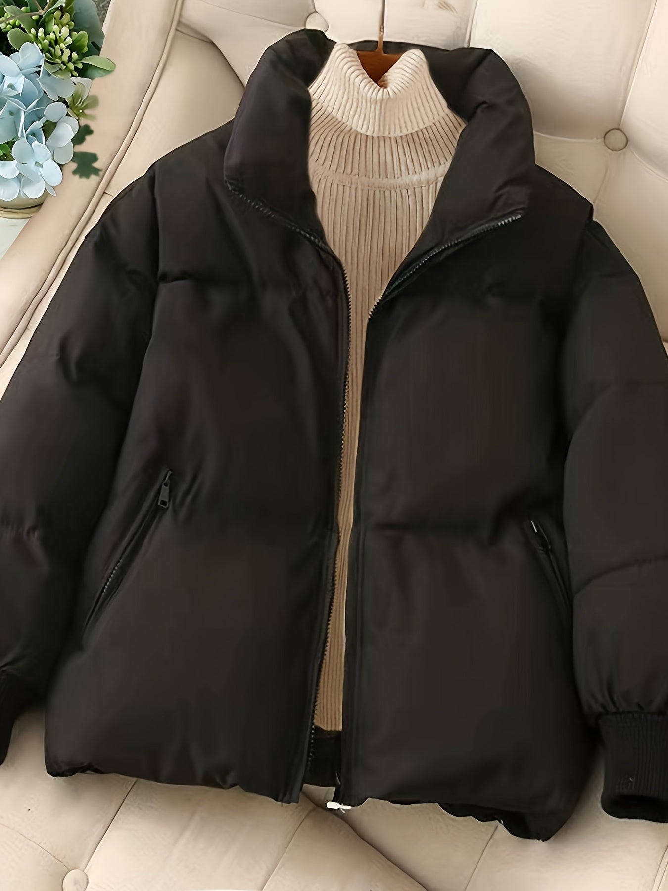 Sixsr Solid Zip Front Coat, Casual Stand Collar Long Sleeve Fall & Winter Warm Outerwear, Women's Clothing
