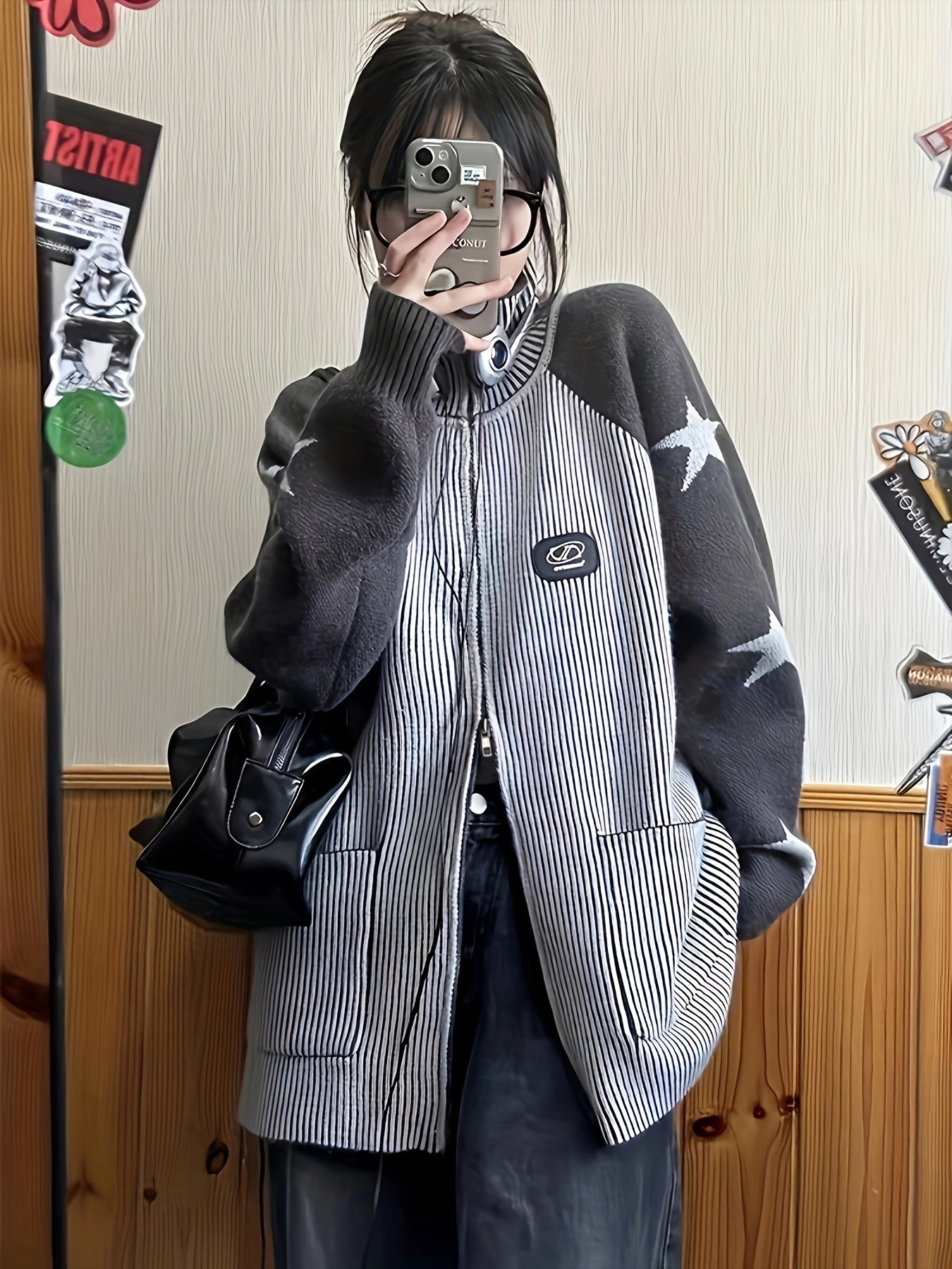 Sixsr Striped & Star Pattern Knit Cardigan, Vintage Zip Up Long Sleeve Preppy Sweater With Pocket, Women's Clothing