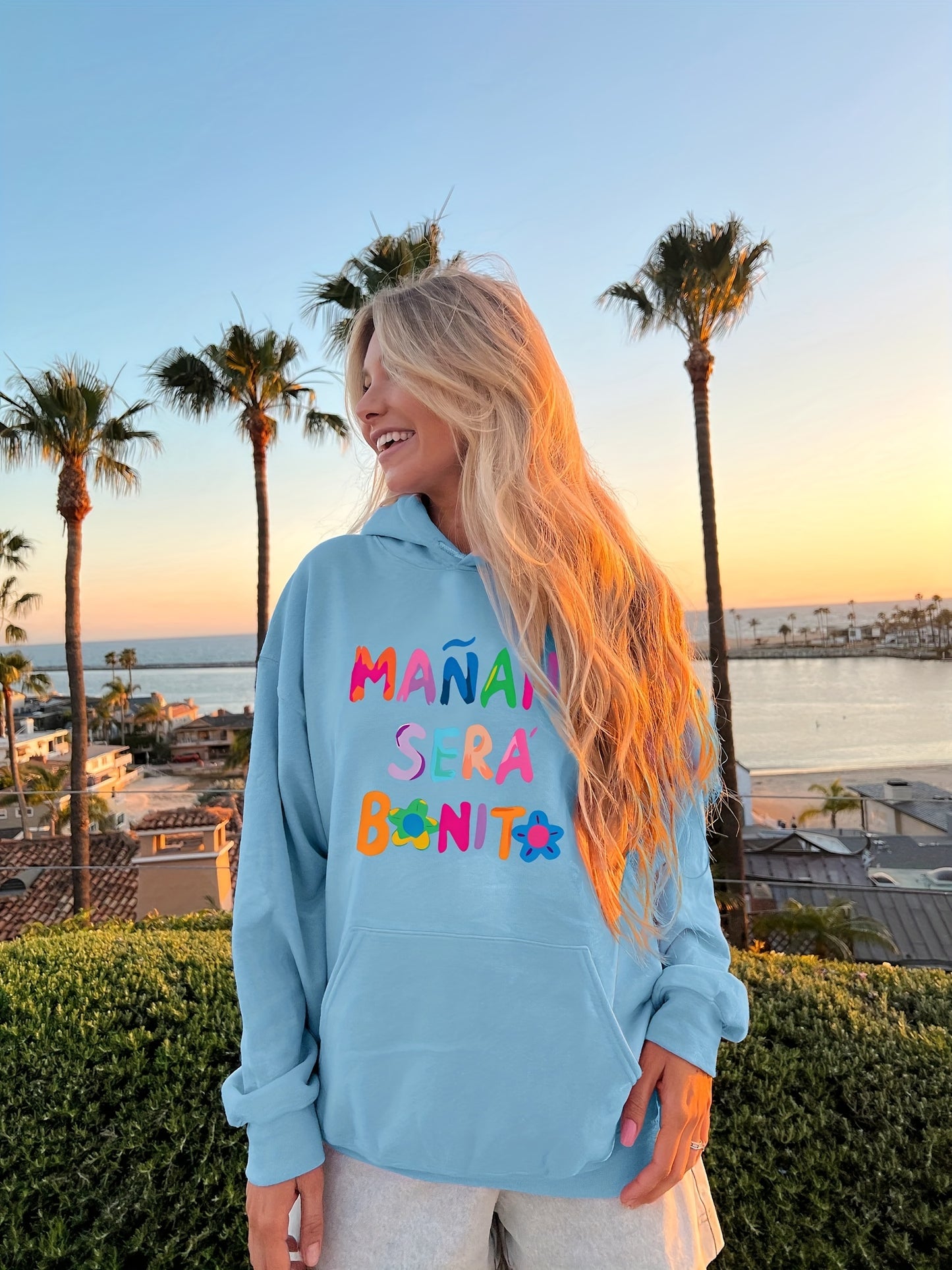 Sixsr Letter Print Hoodie, Long Sleeve Solid Casual Sweatshirt, Women's Clothing