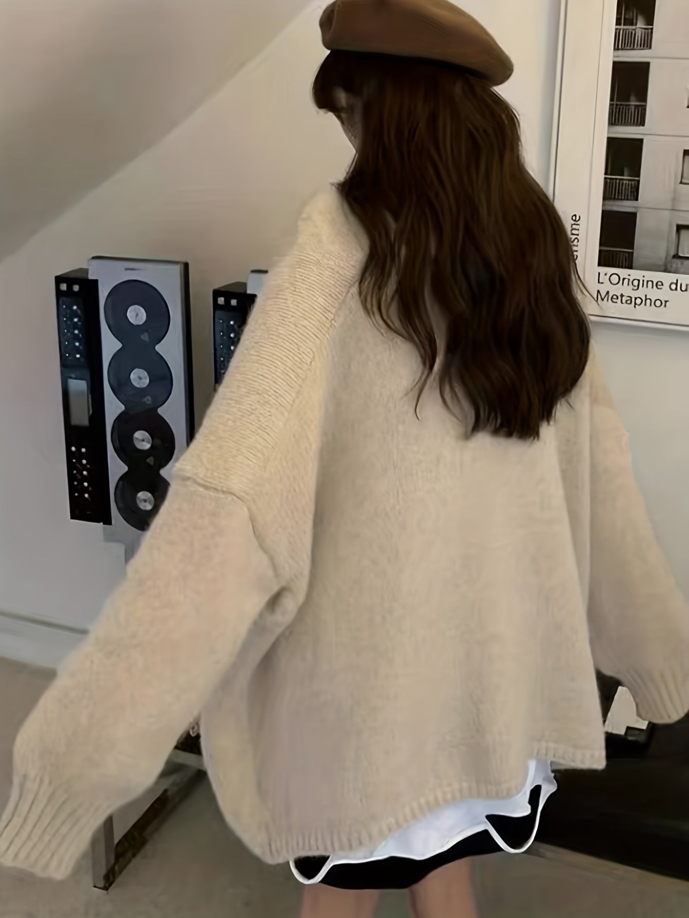 Sixsr Solid Open Front Knit Cardigan, Casual Long Sleeve Drop Shoulder Loose Sweater, Women's Clothing