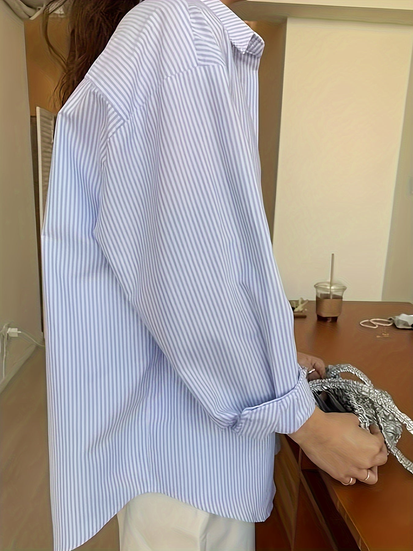 Sixsr Striped Print Patched Pocket Shirt, Vintage Long Sleeve Drop Shoulder Shirt, Women's Clothing