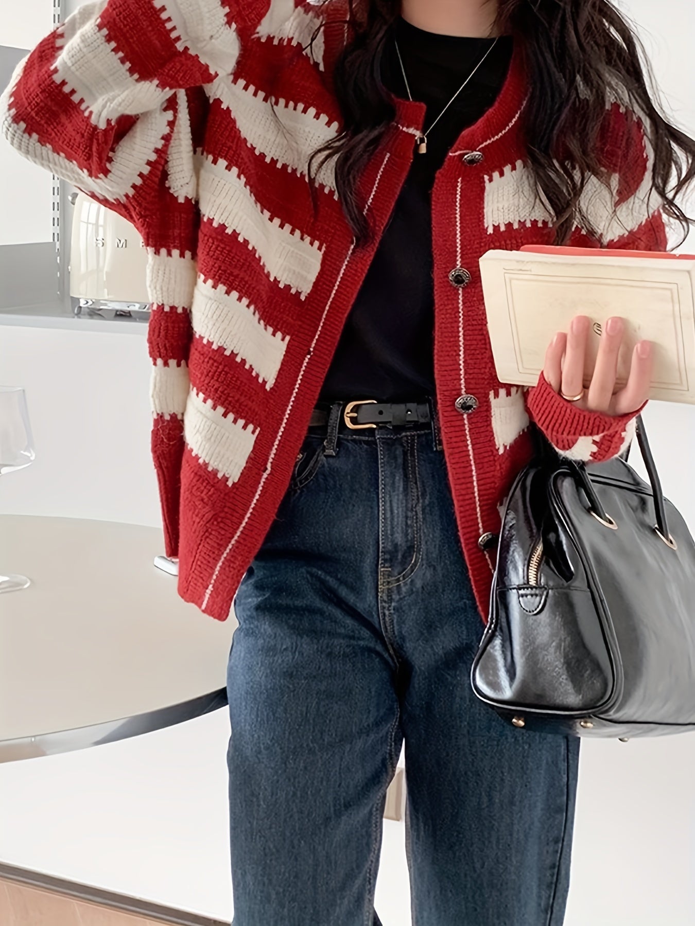 Sixsr Striped Pattern Button Front Cardigan, Vintage Long Sleeve Drop Shoulder Outwear, Women's Clothing
