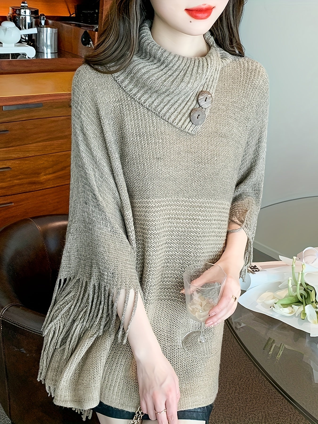 Sixsr Color Block Tassel Trim Cape Sweater, Boho Asymmetrical Collared Fashion Poncho Sweater, Women's Clothing