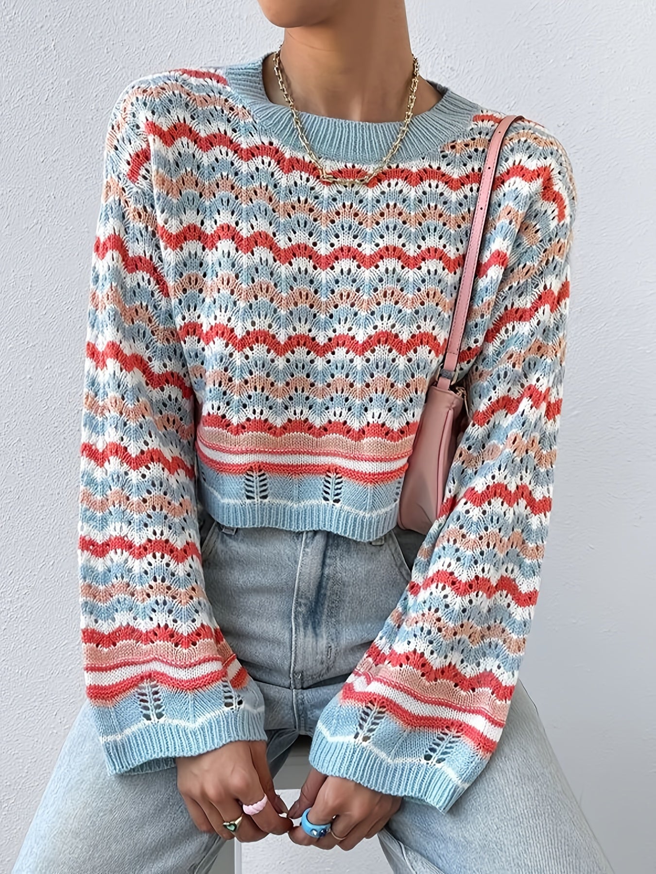 Sixsr Colorful Printing Knit Sweater, Casual Crew Neck Long Sleeve Sweater, Women's Clothing