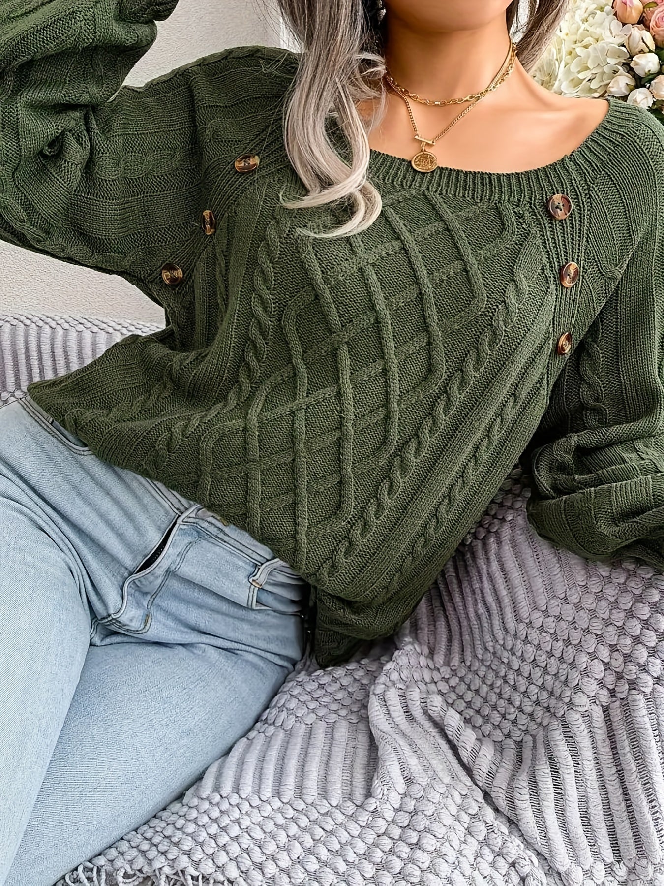 Sixsr Plus Size Casual Sweater, Women's Plus Solid Jacquard Lantern Sleeve Boat Neck Pullover Sweater