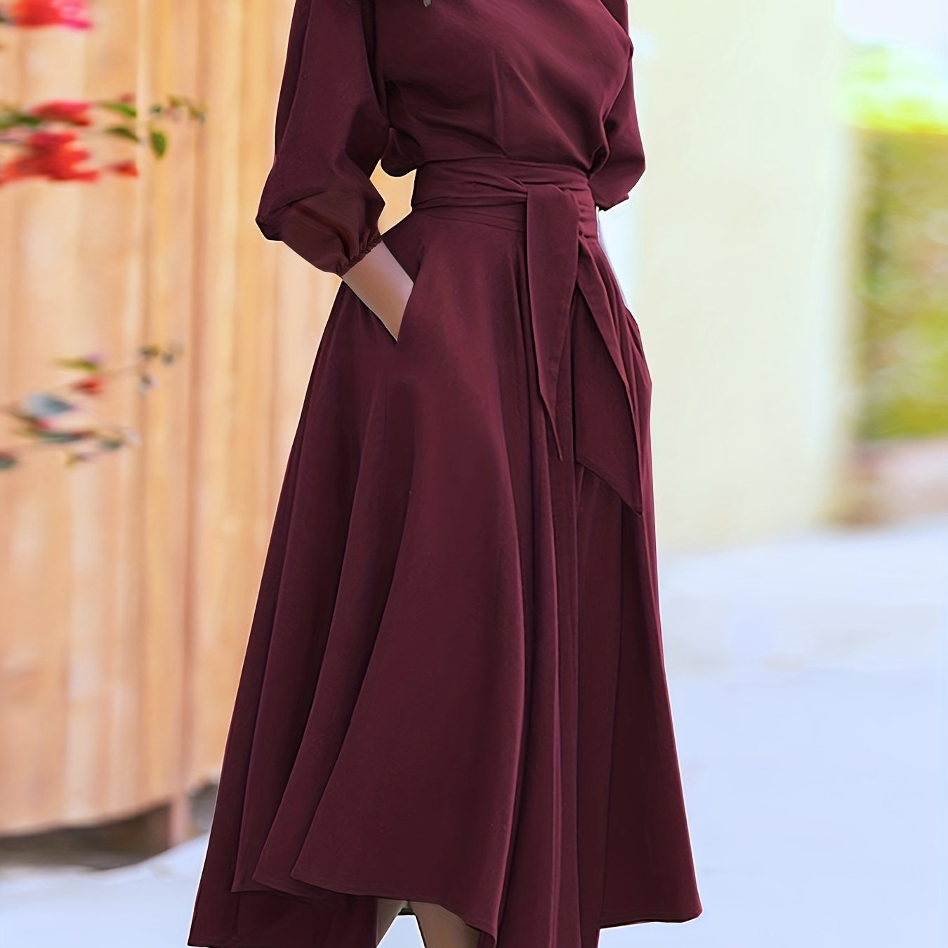 Sixsr Slant Shoulder Neck Tie Waist Dress, Elegant Dual Pockets Short Sleeve Dress, Women's Clothing