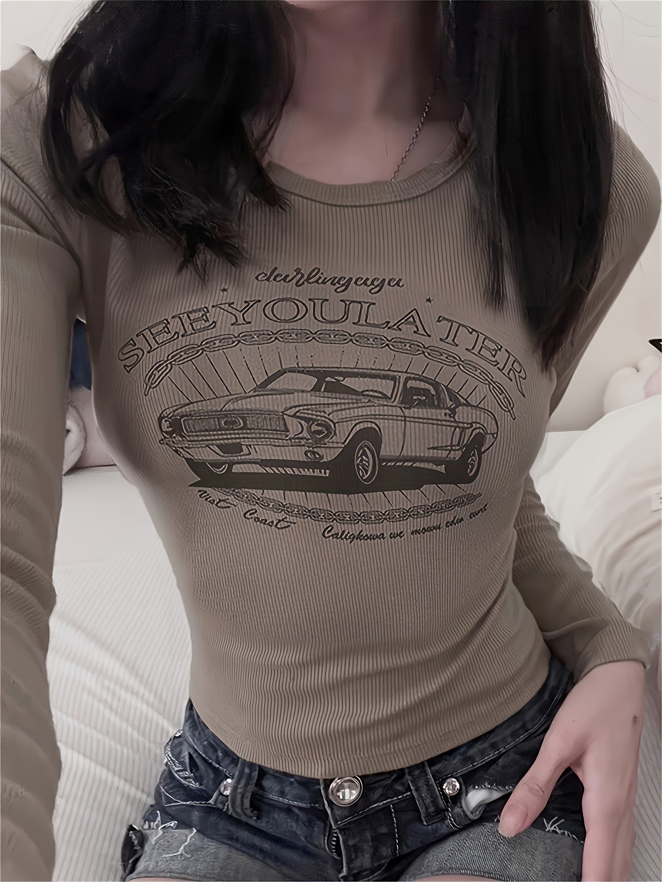 Sixsr Vintage Graphic & Letter Print T-Shirt, Y2k Long Sleeve Slim T-Shirt For Spring & Fall, Women's Clothing