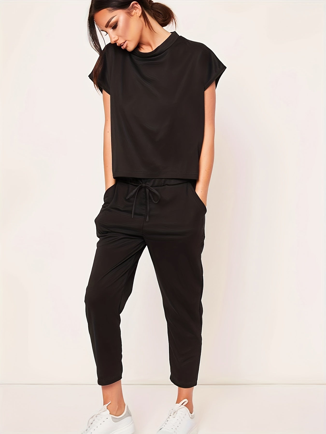 Sixsr Casual Solid Pantsuits Two-piece Set, Short Sleeve Round Neck Tops & Drawstring Cropped Pants Set, Women's Clothing