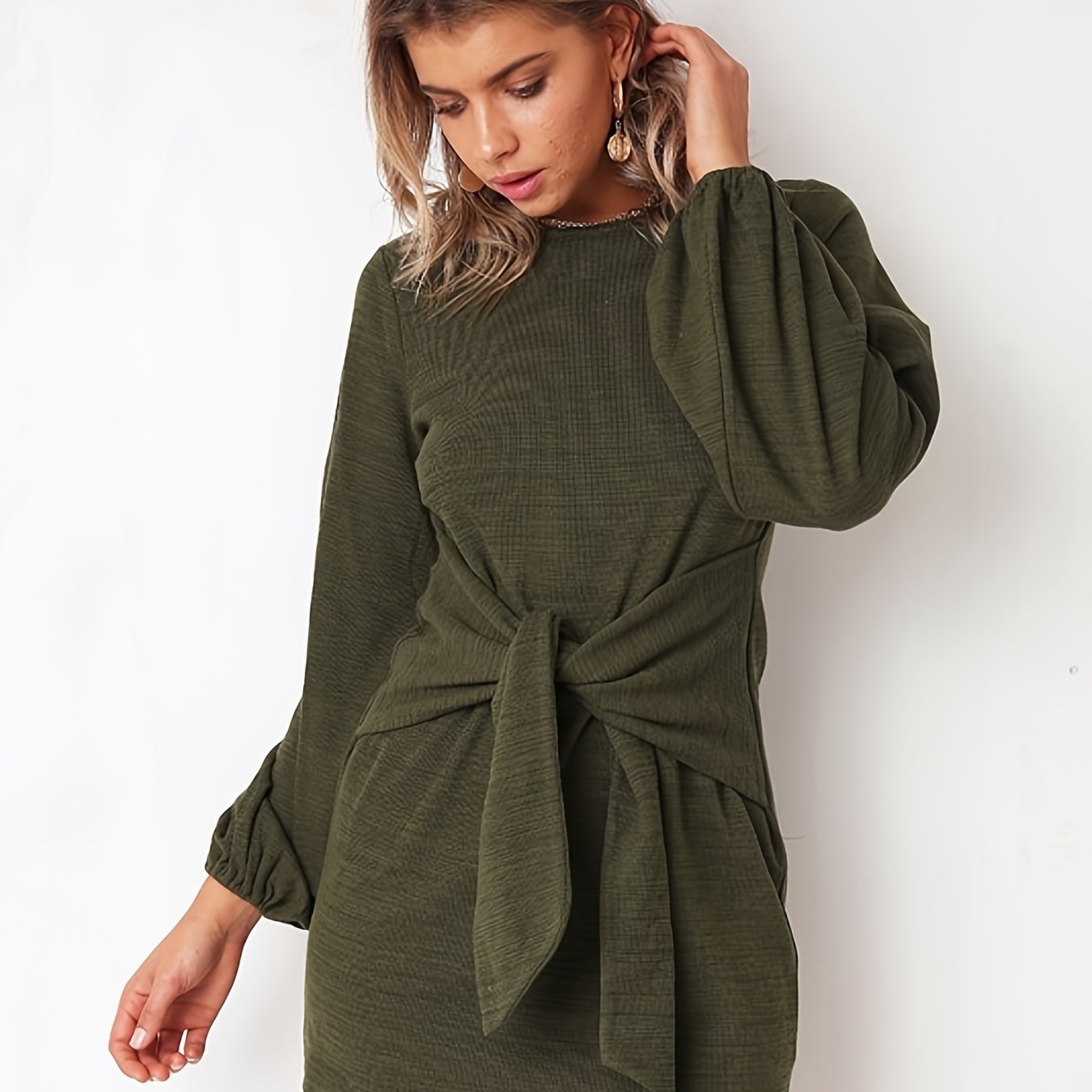 Sixsr Solid Long Sleeve Strappy Dress, Casual Every Day Dress For Spring & Summer, Women's Clothing