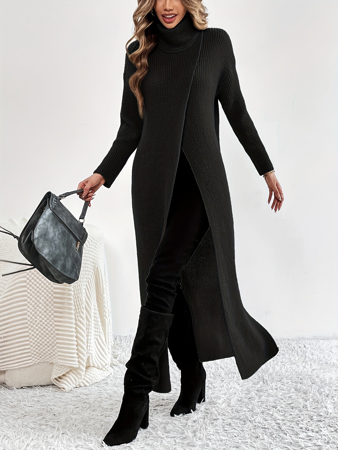 Sixsr Solid High Neck Split Dress, Elegant Long Sleeve Maxi Dress, Women's Clothing