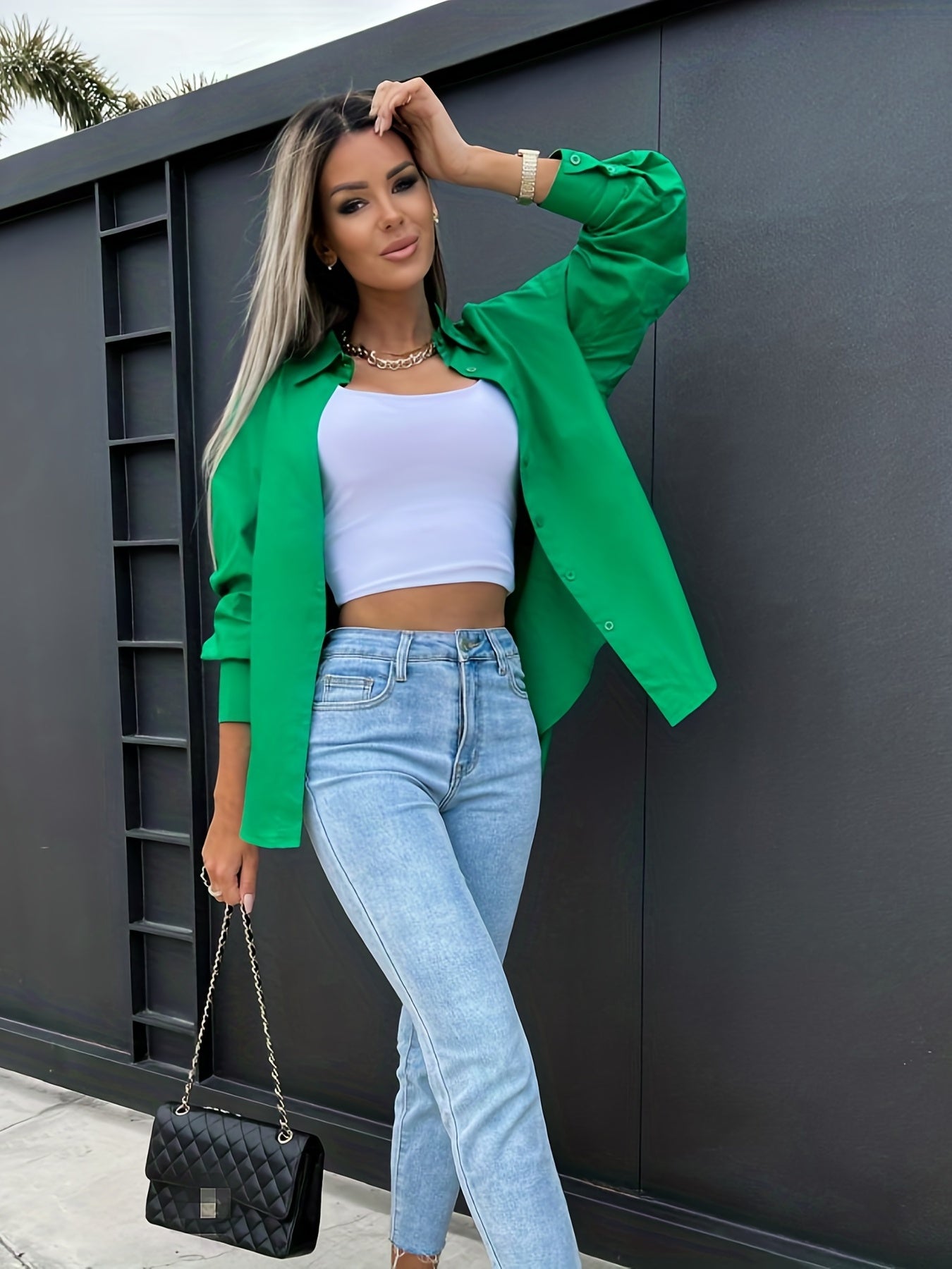 Sixsr V-neck Loose Lapel Blouses, Casual Button Down Long Sleeve Fashion Spring Summer Shirts Tops, Women's Clothing