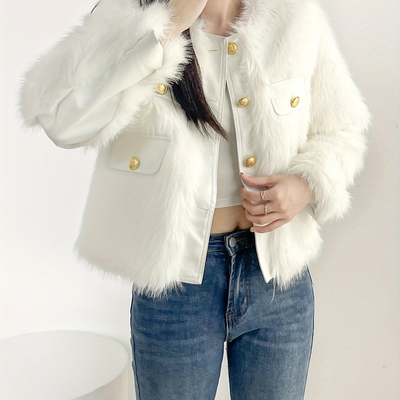 Sixsr Button Front Faux Fur Coat, Elegant Long Sleeve Coat For Fall & Winter, Women's Clothing