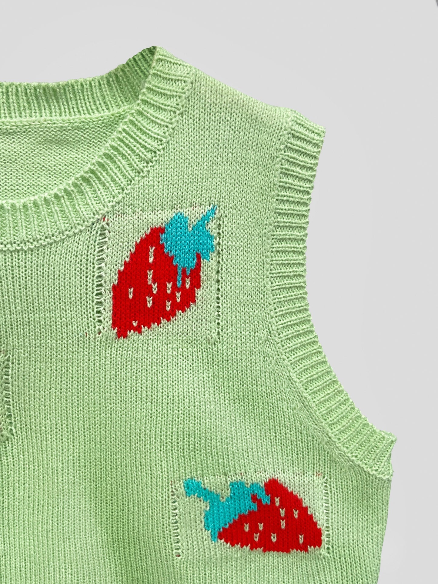 Sixsr Strawberry Print Sweater Vest, Cute Preppy Crew Neck Sleeveless Vest, Women's Clothing