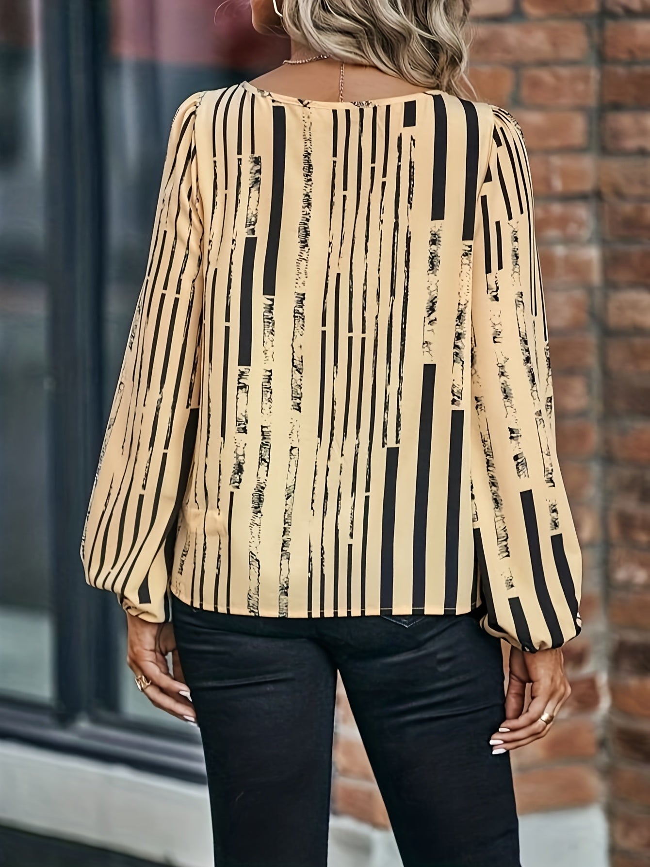 Sixsr Striped Print Lantern Sleeve Blouse, Casual Crew Neck Blouse For Spring & Fall, Women's Clothing